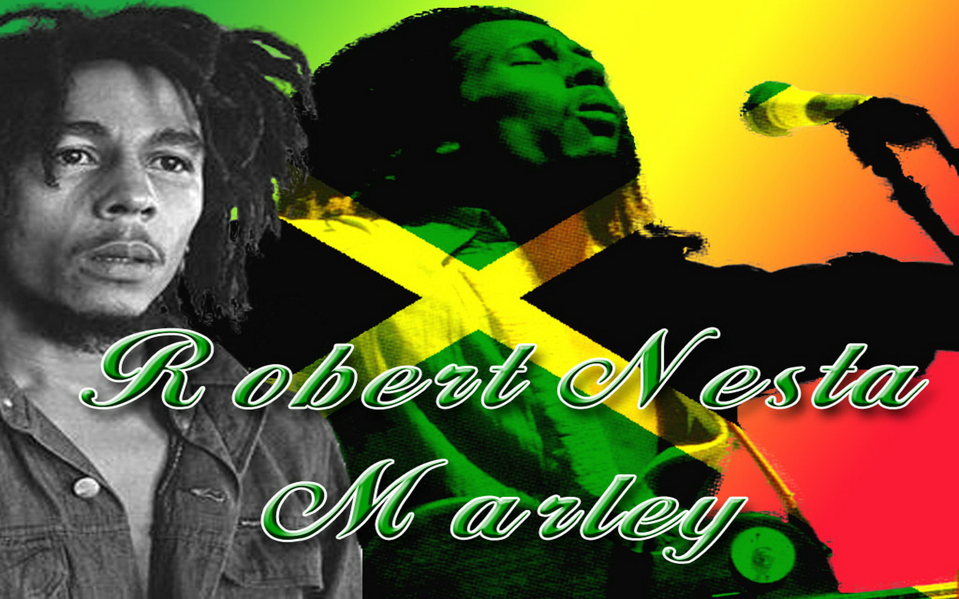 Bob Marley, Robert Nesta Marley, Bandiera della Giamaica, Microfono, Collage, sfondo desktop
