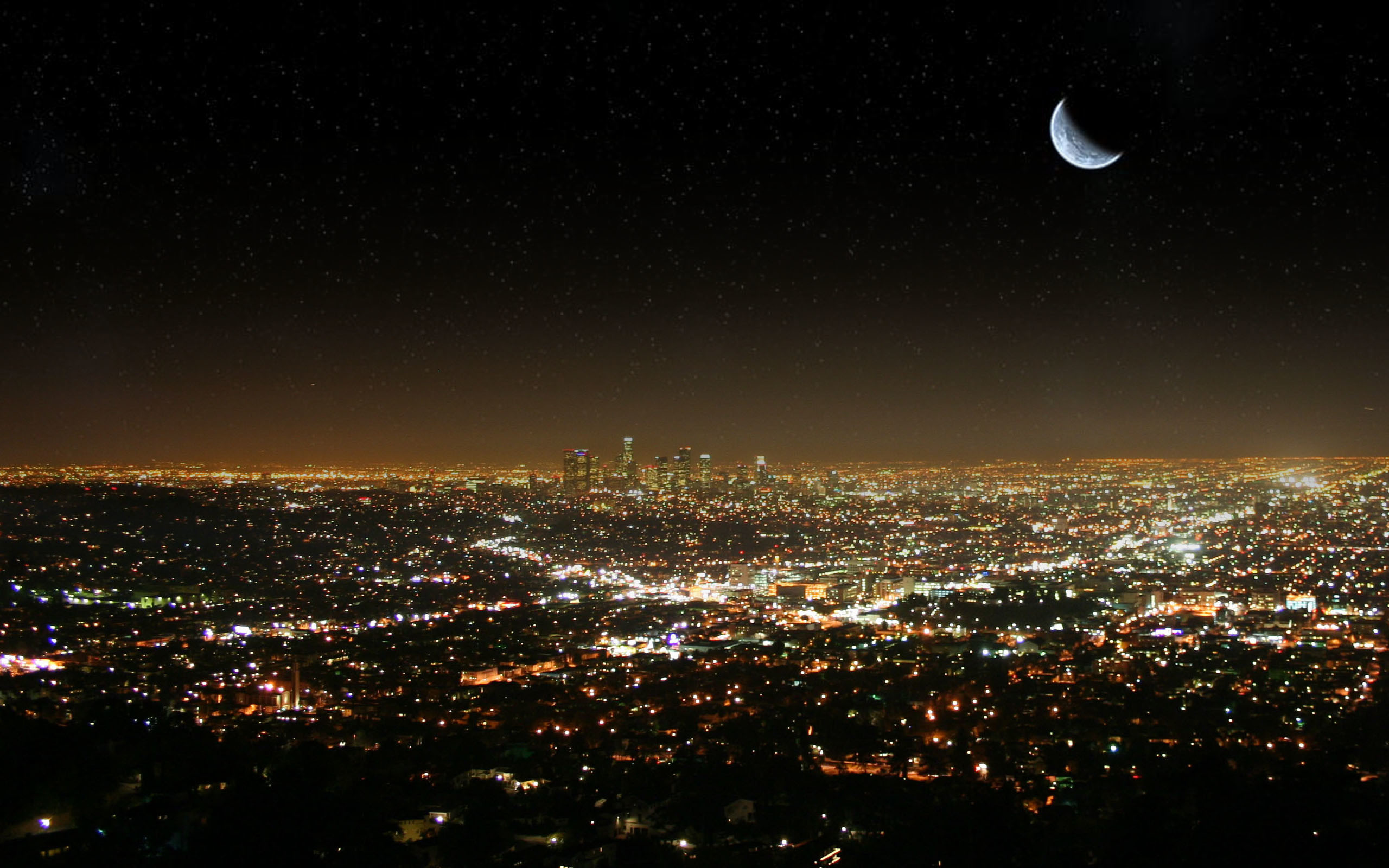 Luna crescente, Luci della città, Notte, Paesaggio urbano, 2K, sfondo Windows 11