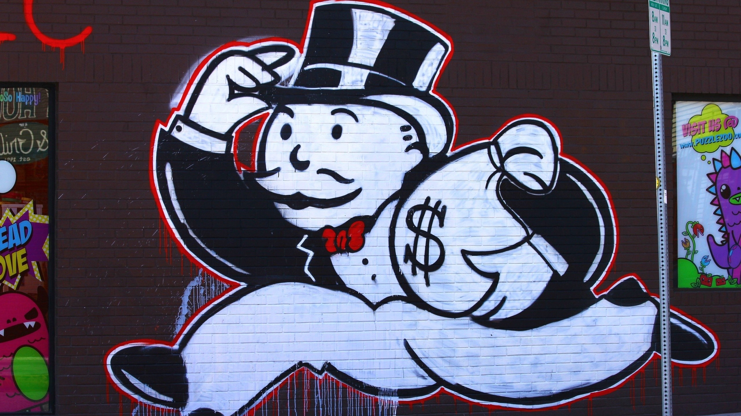 Rich Uncle Pennybags, Monopoly, Alec Monopoly, Street art, Sacco di soldi, sfondo desktop 2K