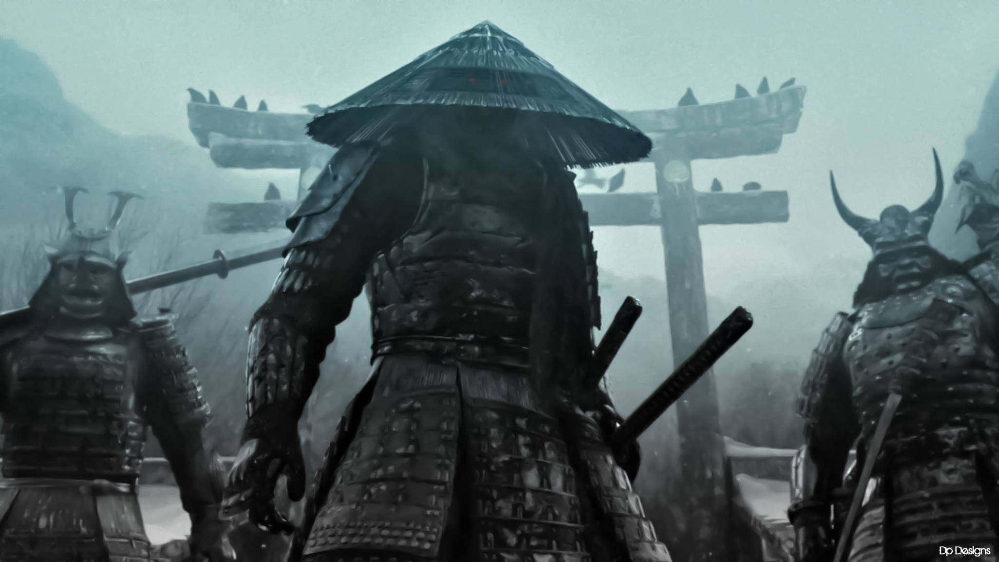 Samurai, Torii, Cappello di paglia, Nebbia, Full HD, sfondo desktop