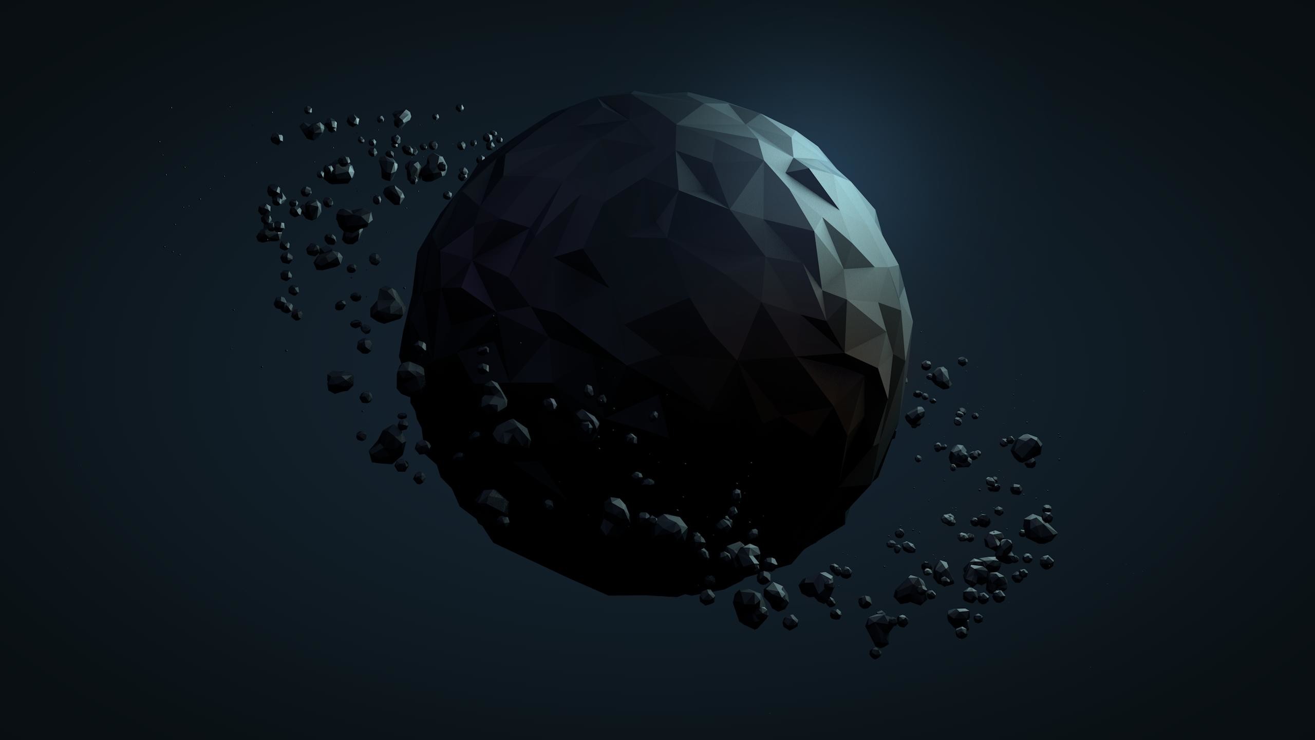Low poly, Pianeta nero, Asteroidi, 2K 1440p, sfondo desktop