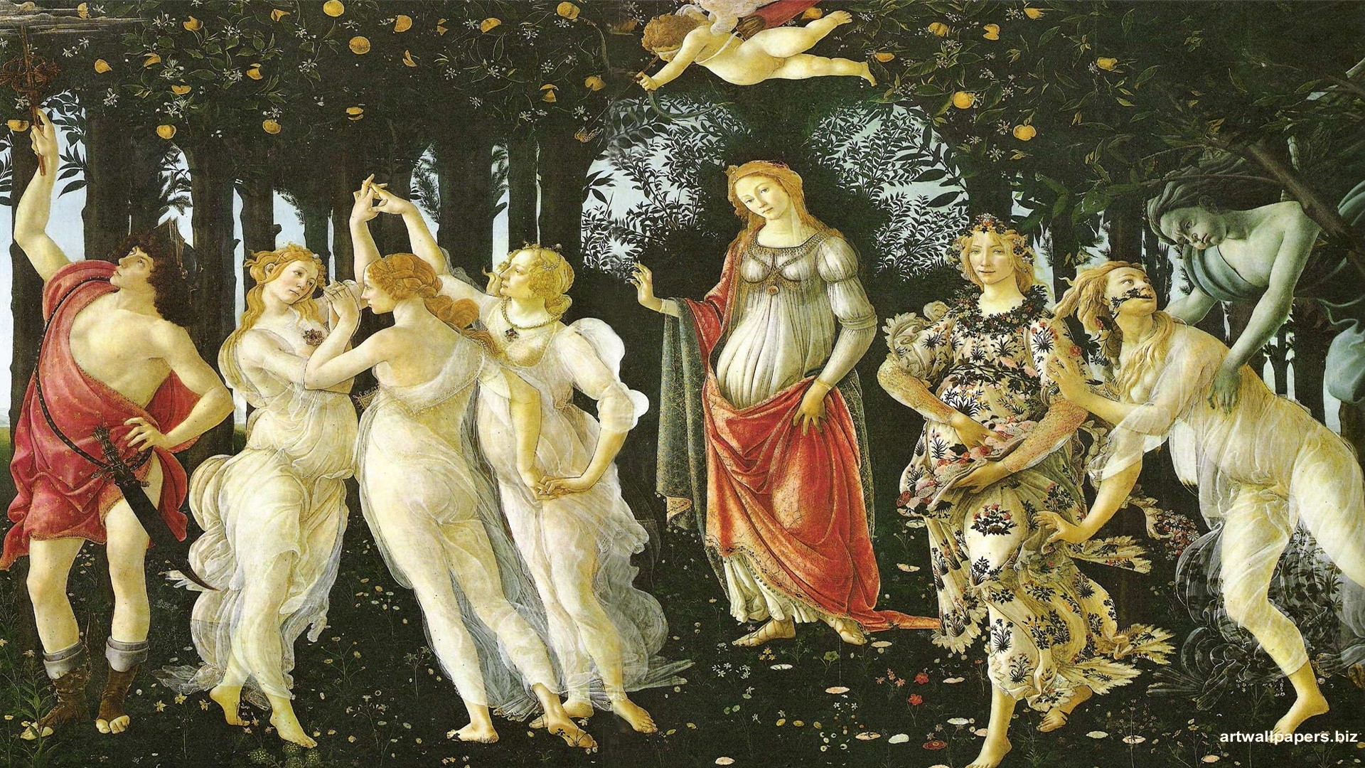 La Primavera, Sandro Botticelli, Tre Grazie, Dipinto, Rinascimento, sfondo Full HD per desktop