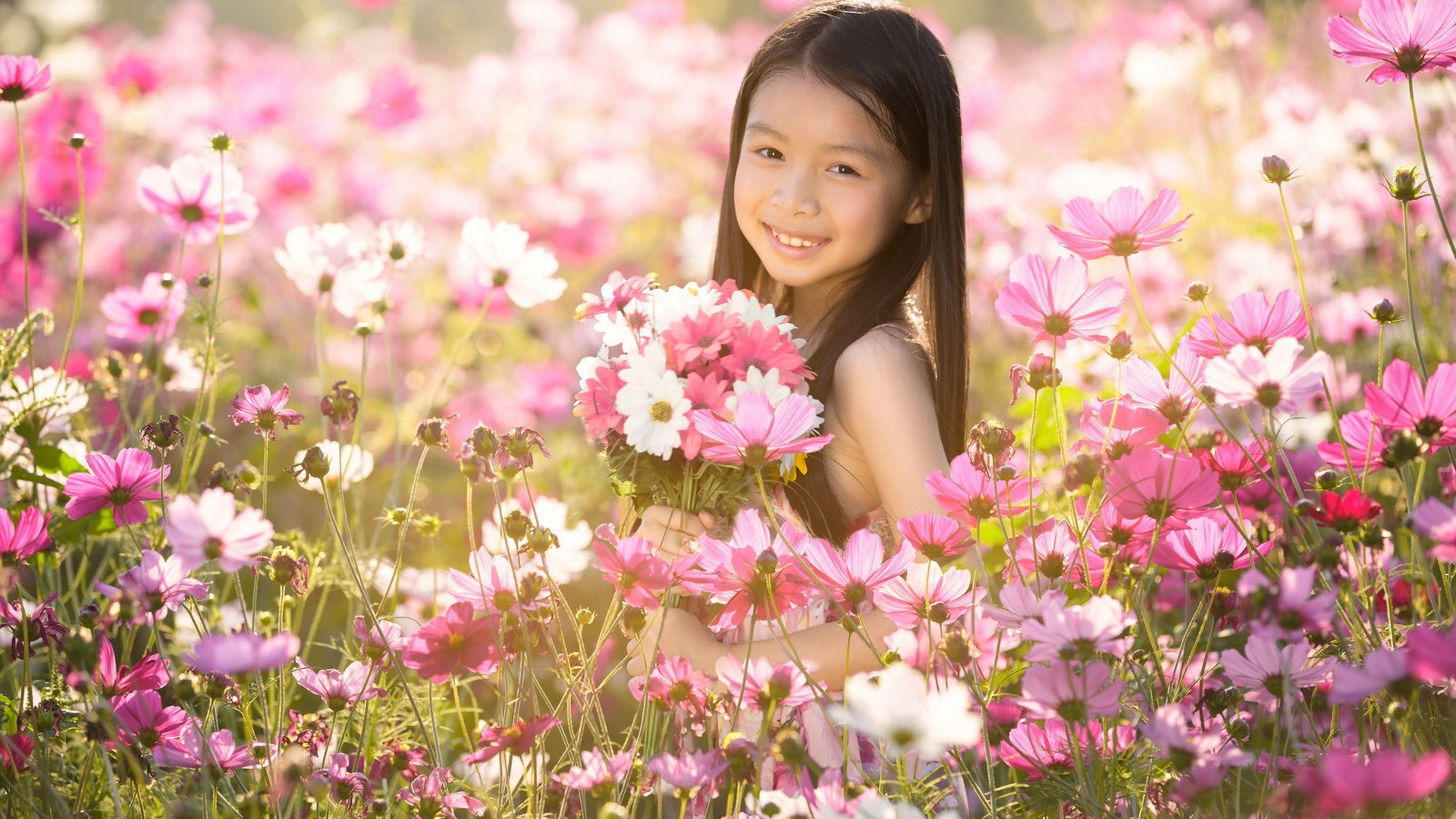 Bambina, Cosmos, Fiori rosa, Sorriso, 1920x1080, sfondo per PC