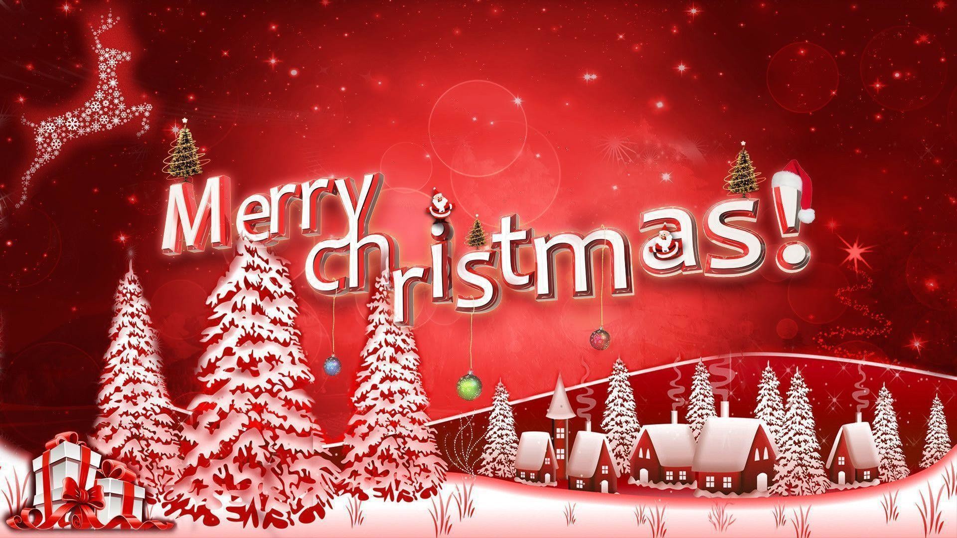 Merry Christmas, Alberi innevati, Villaggio, Rosso, Scritta, Full HD 1080p, sfondo desktop