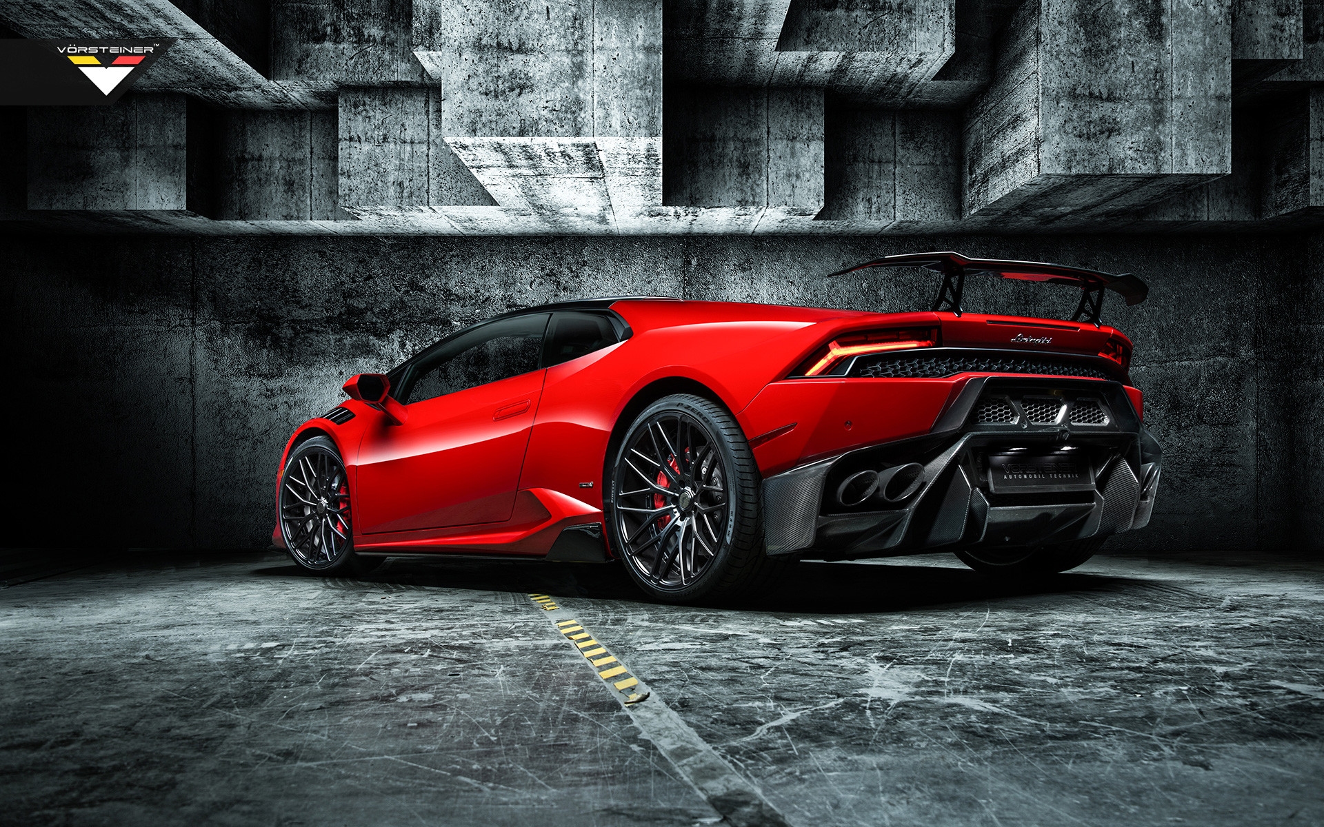 Lamborghini Huracán, Rosso, Kit aerodinamico, Cemento, Full HD, sfondo desktop