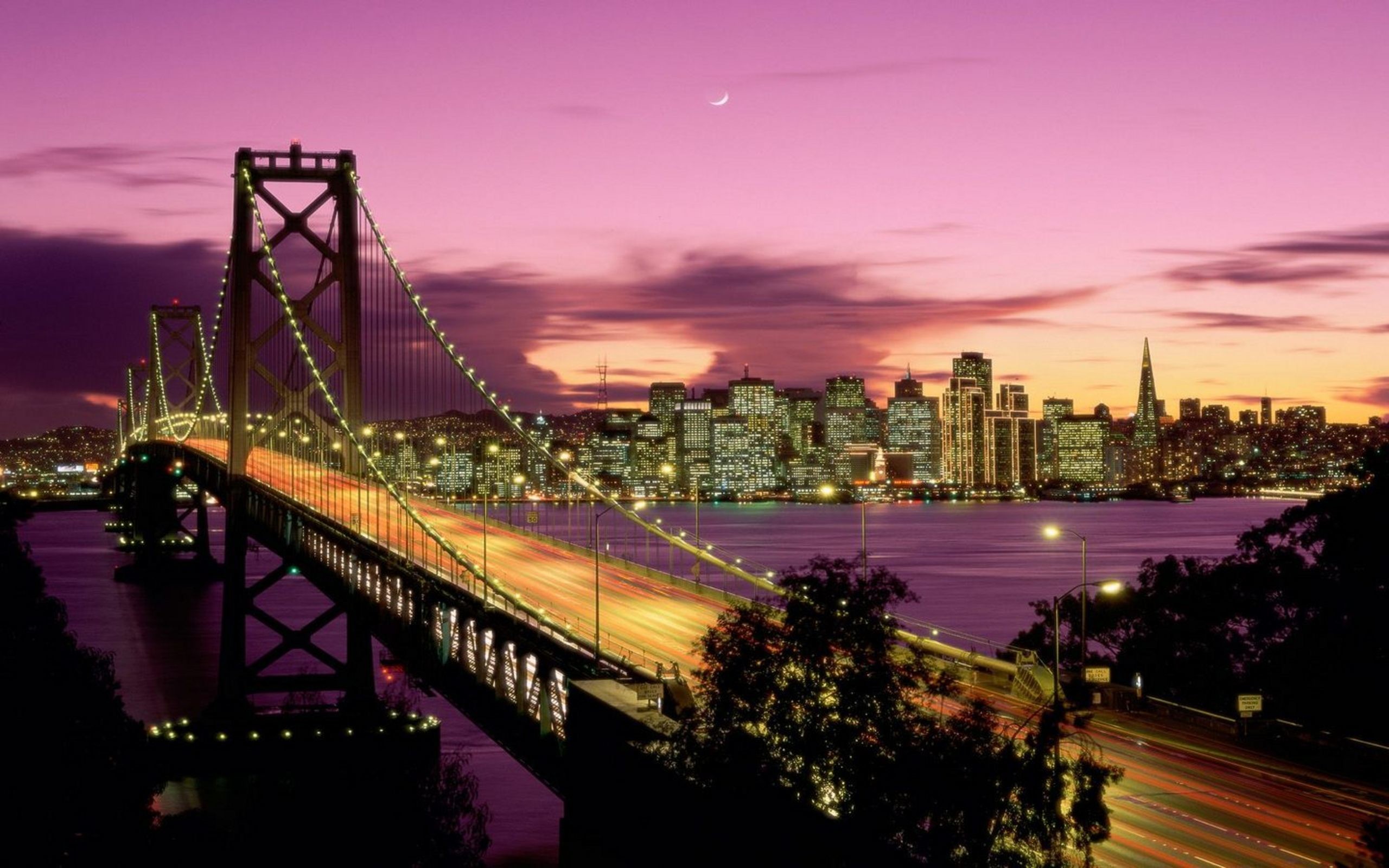 Bay Bridge, San Francisco, California, Crepuscolo, Cielo viola, 2K, sfondo Windows 11