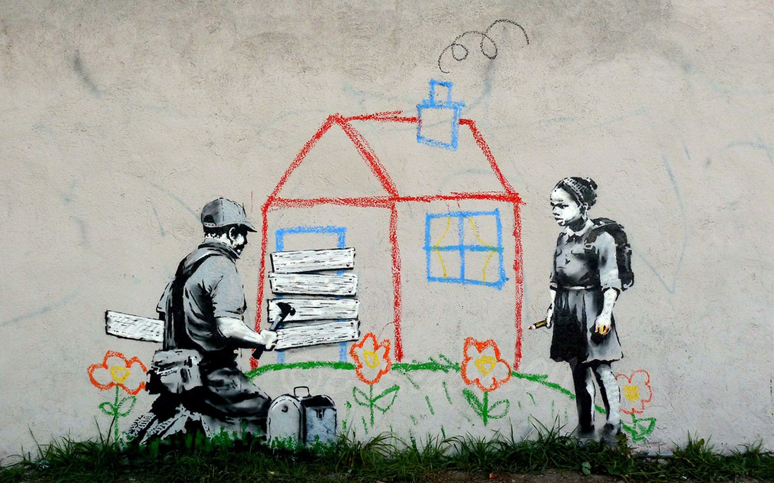 Banksy, Casa disegnata, Soldato, Bambina, Street art, 2K, sfondo desktop