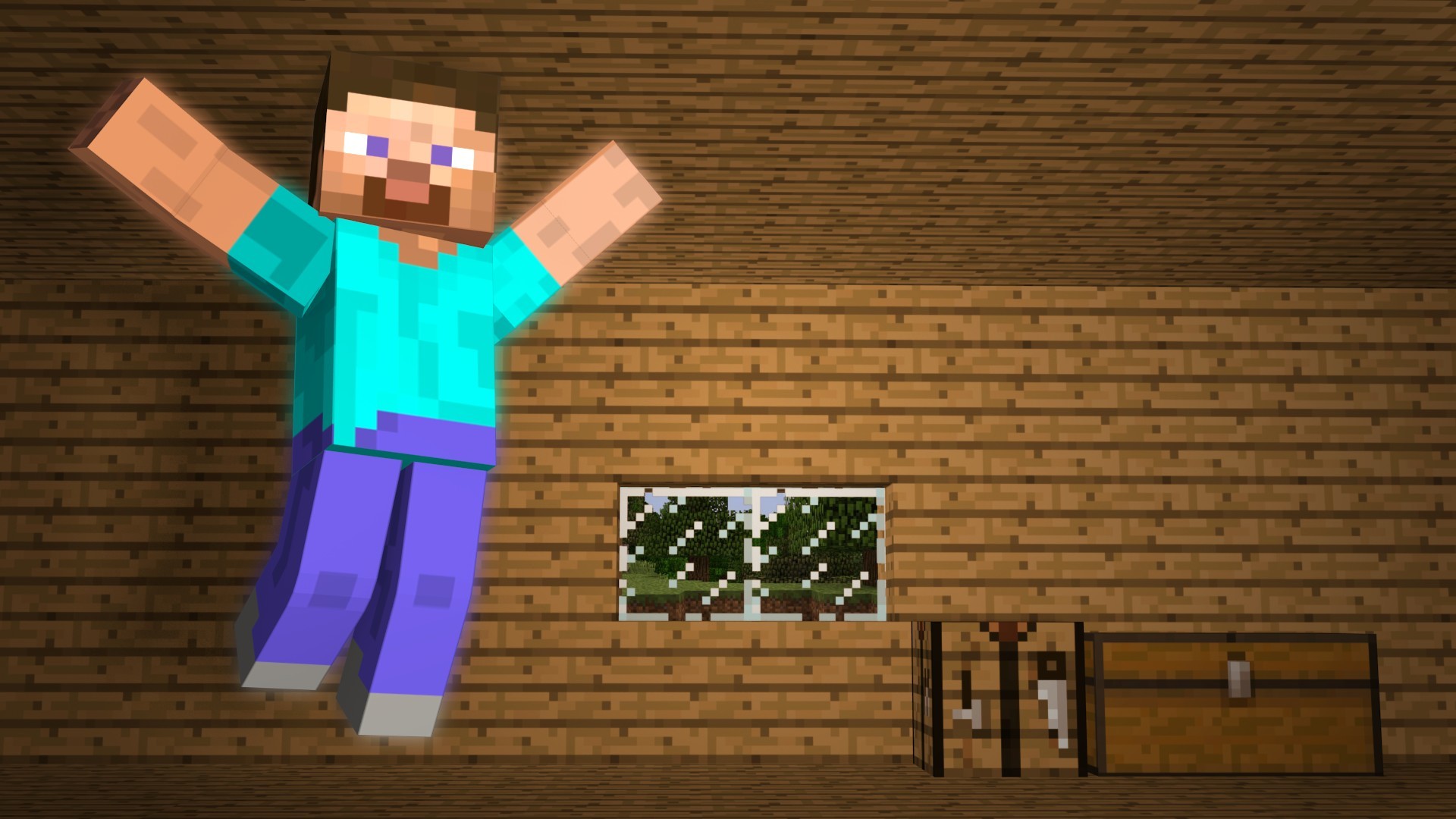 Steve, Minecraft, Parete di legno, Scrigno, Salto, 1920x1080, sfondo per PC