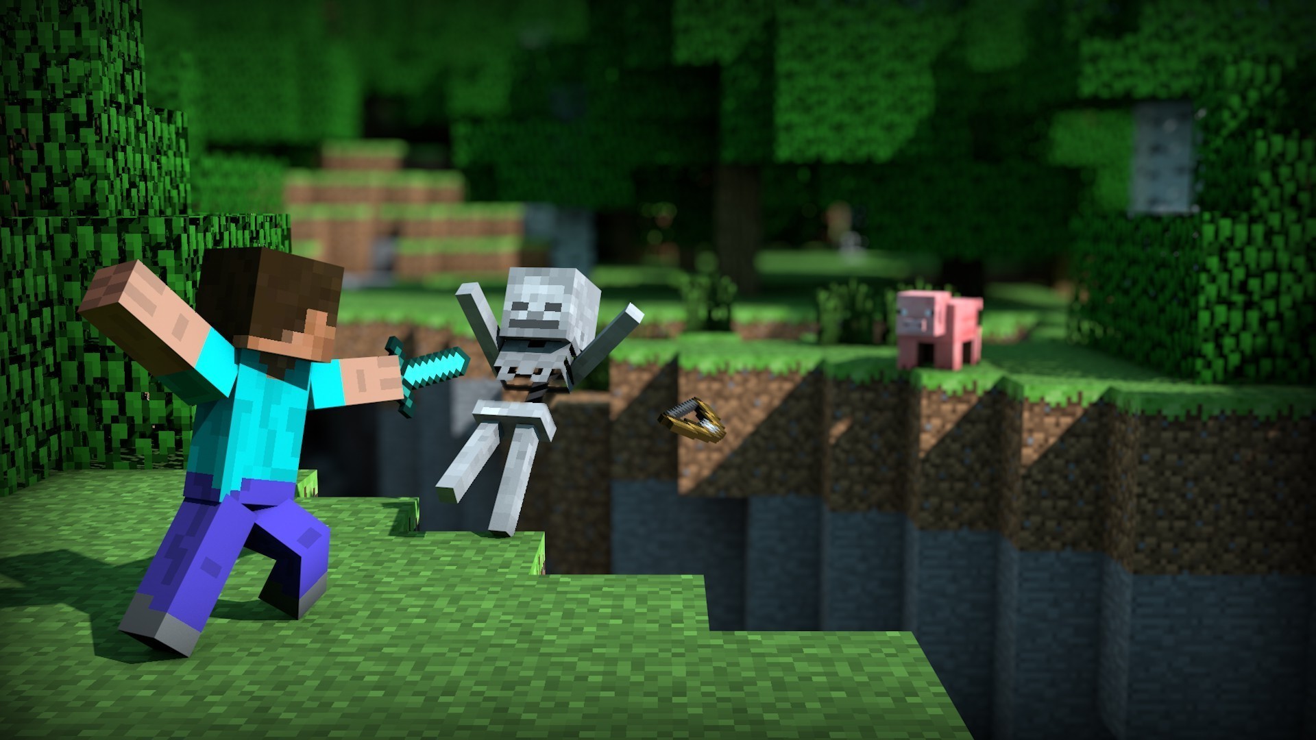 Minecraft, Steve, Scheletro, Maiale, 1920x1080, immagine di sfondo