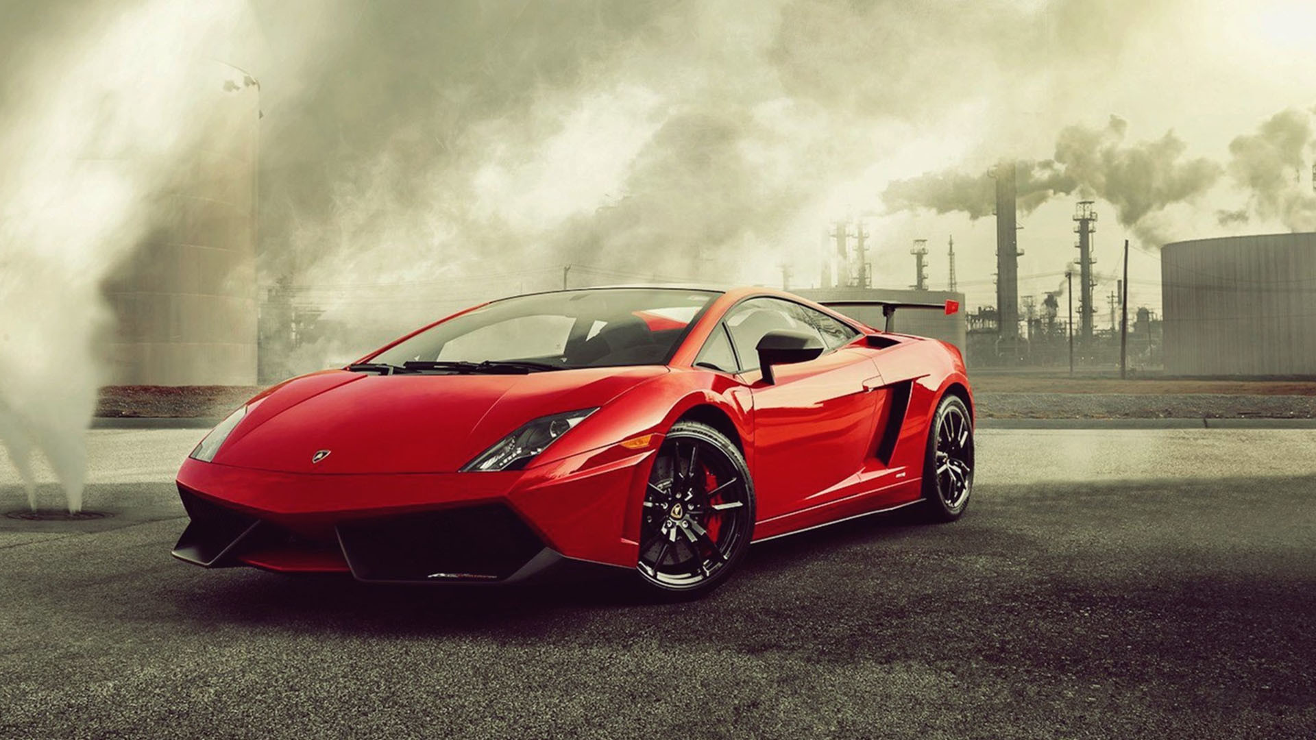 Lamborghini Gallardo, Rosso, Zona industriale, Fumo, Full HD 1080p, sfondo desktop