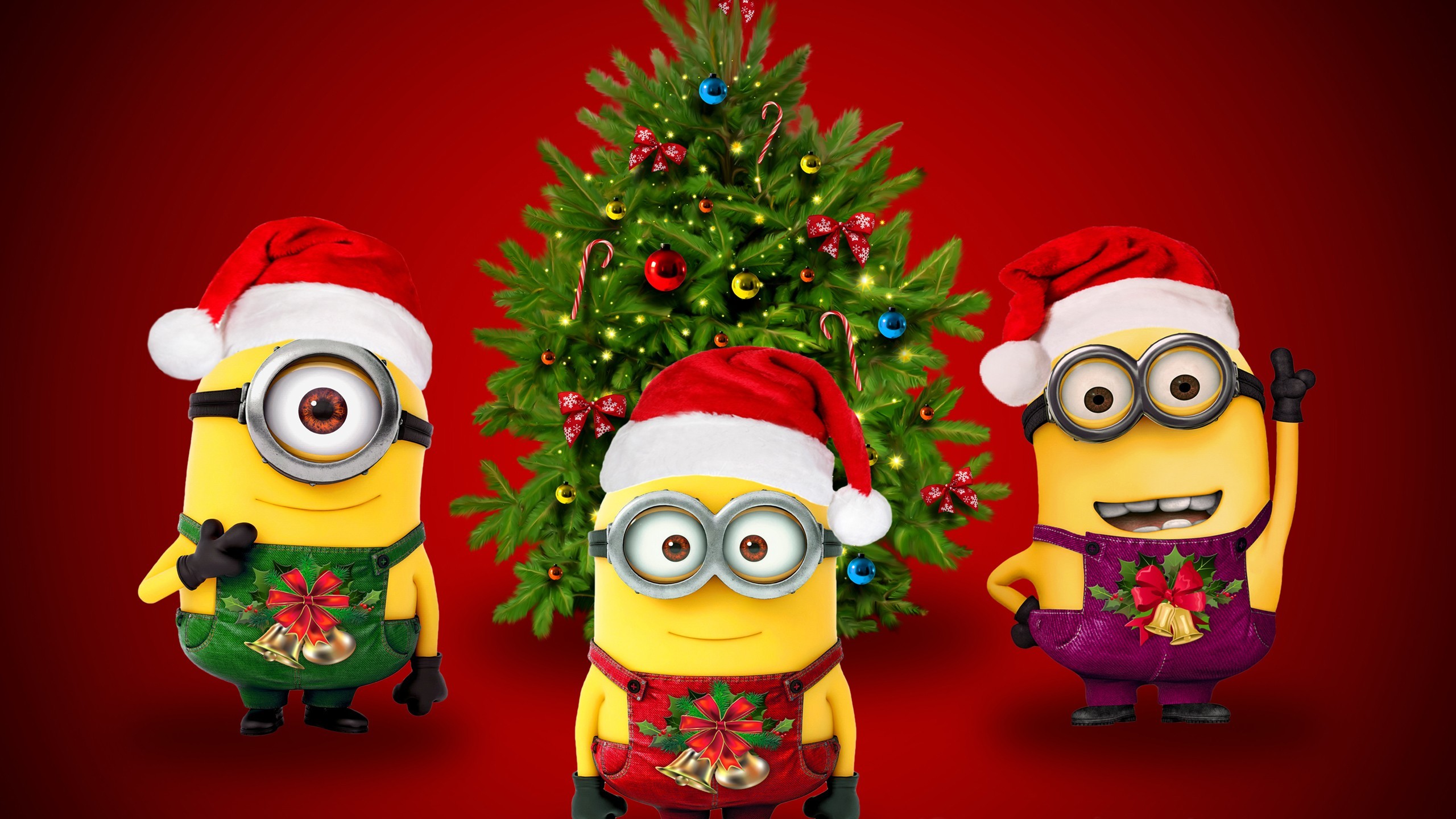 Minions, Natale, Cappello di Babbo Natale, Albero di Natale, Rosso, sfondo 2K per portatile