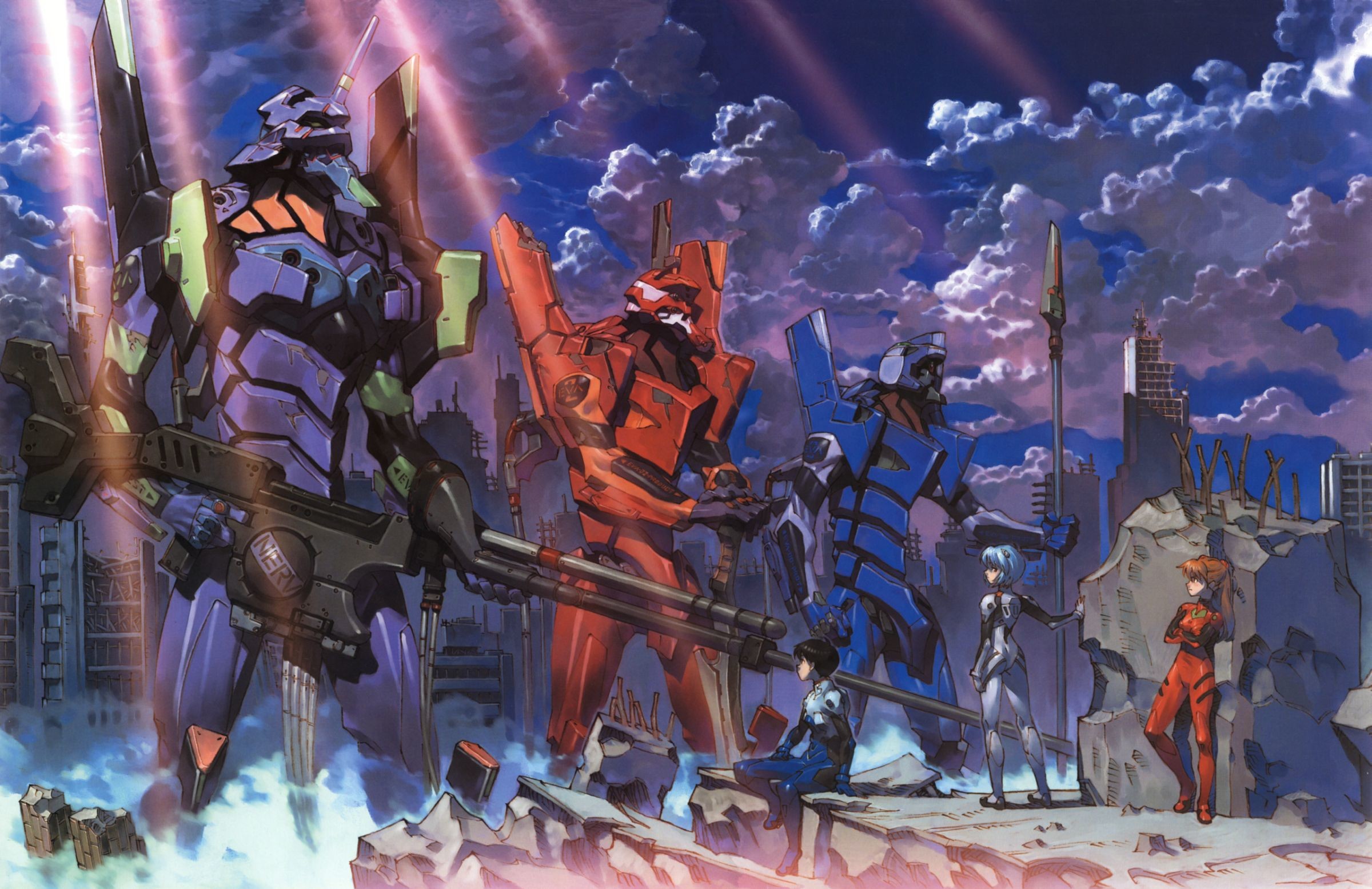 Eva-01, Eva-02, Eva-00, Shinji Ikari, Asuka Langley Soryu, Rei Ayanami, sfondo desktop Full HD