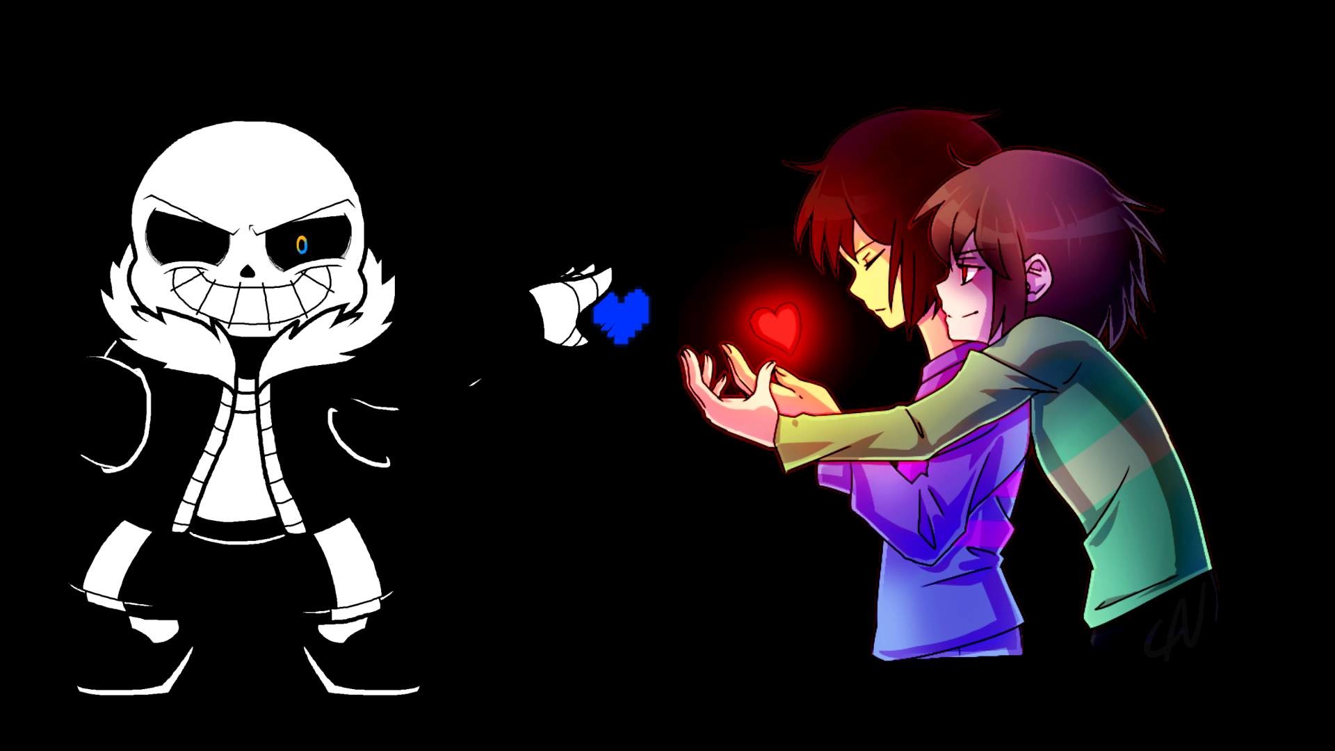 Sans, Frisk, Undertale, Cuore, Sfondo nero, Full HD, wallpaper per portatile