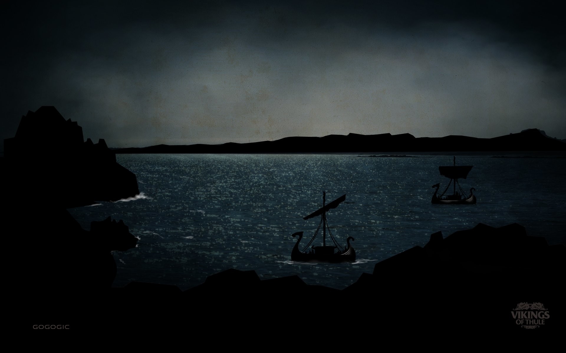 Vikings, Drakkar, Fiordo, Notte, Silhouette, 1920x1200, sfondo MacBook Pro