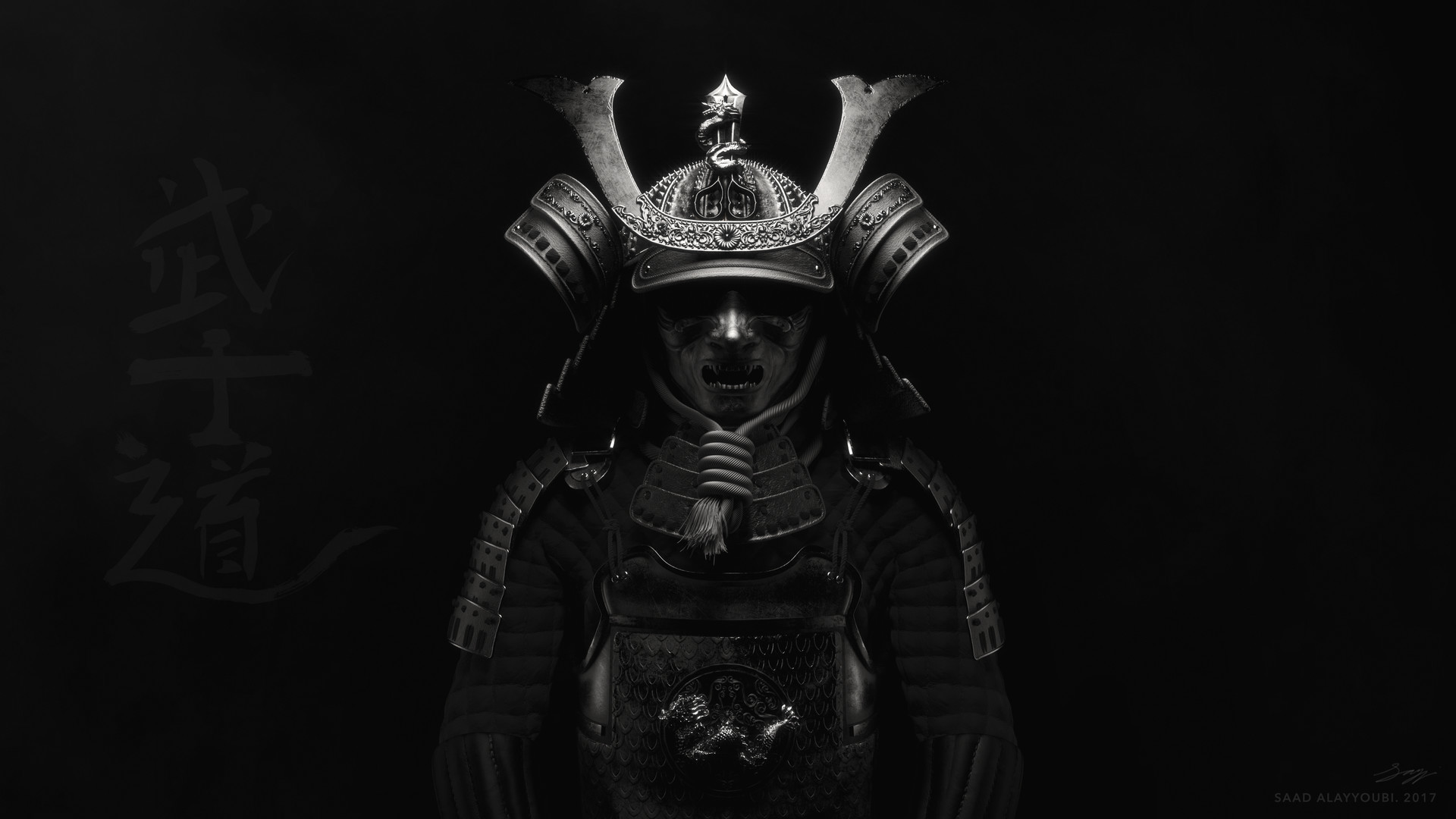 Samurai, Maschera mempō, Elmo kabuto, Sfondo nero, Full HD, wallpaper desktop