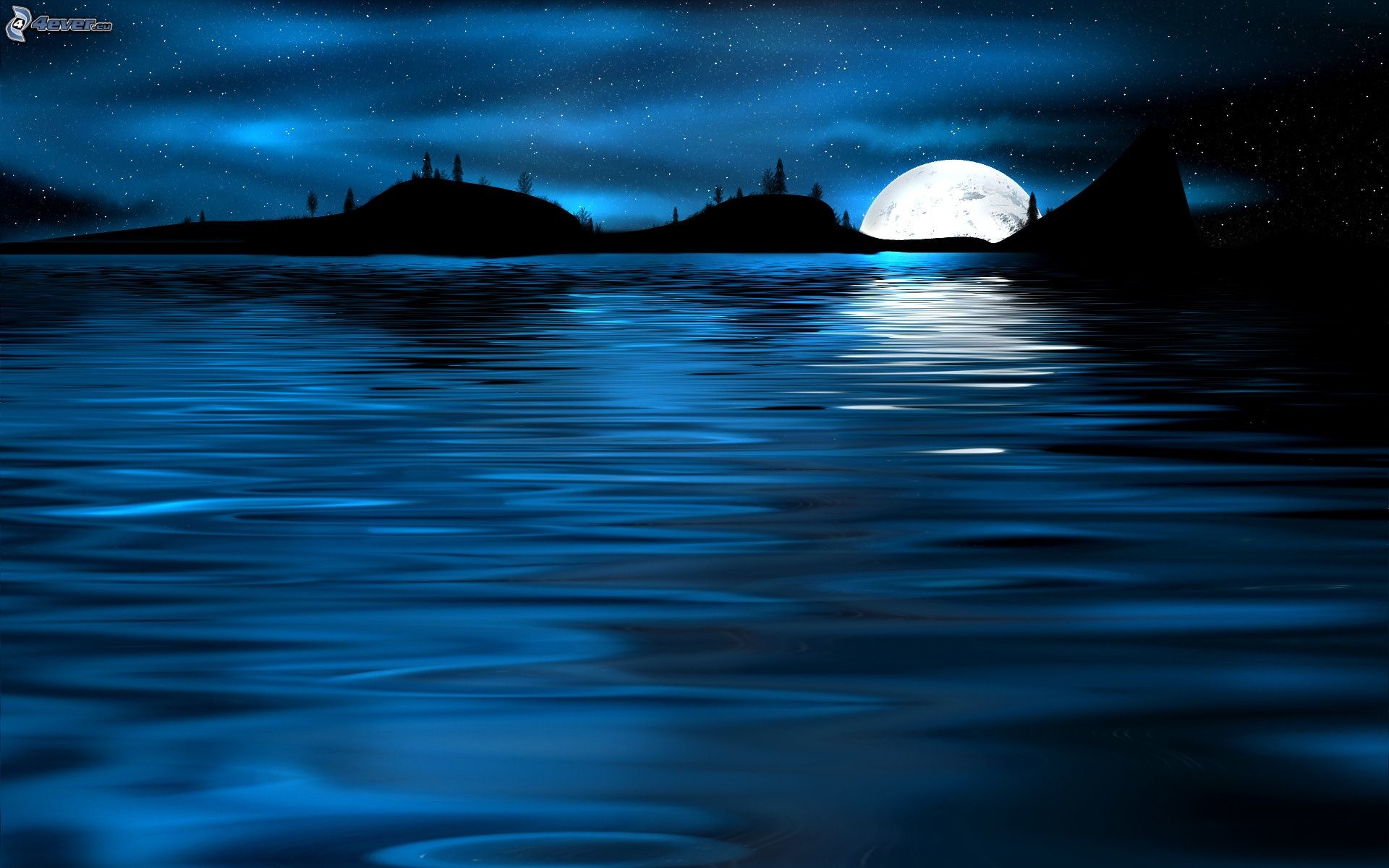 Luna piena, Mare, Isole, Notte blu, Riflesso, Full HD, sfondo per PC