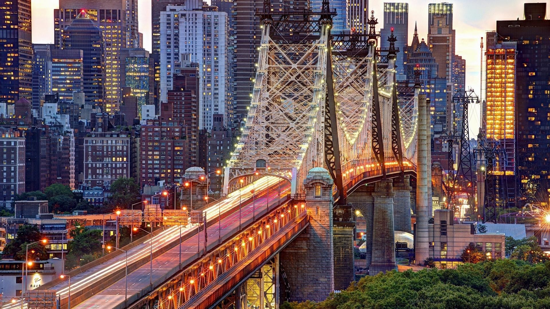 Queensboro Bridge, Manhattan, Grattacieli, Luci, 16:9 Full HD, sfondo widescreen