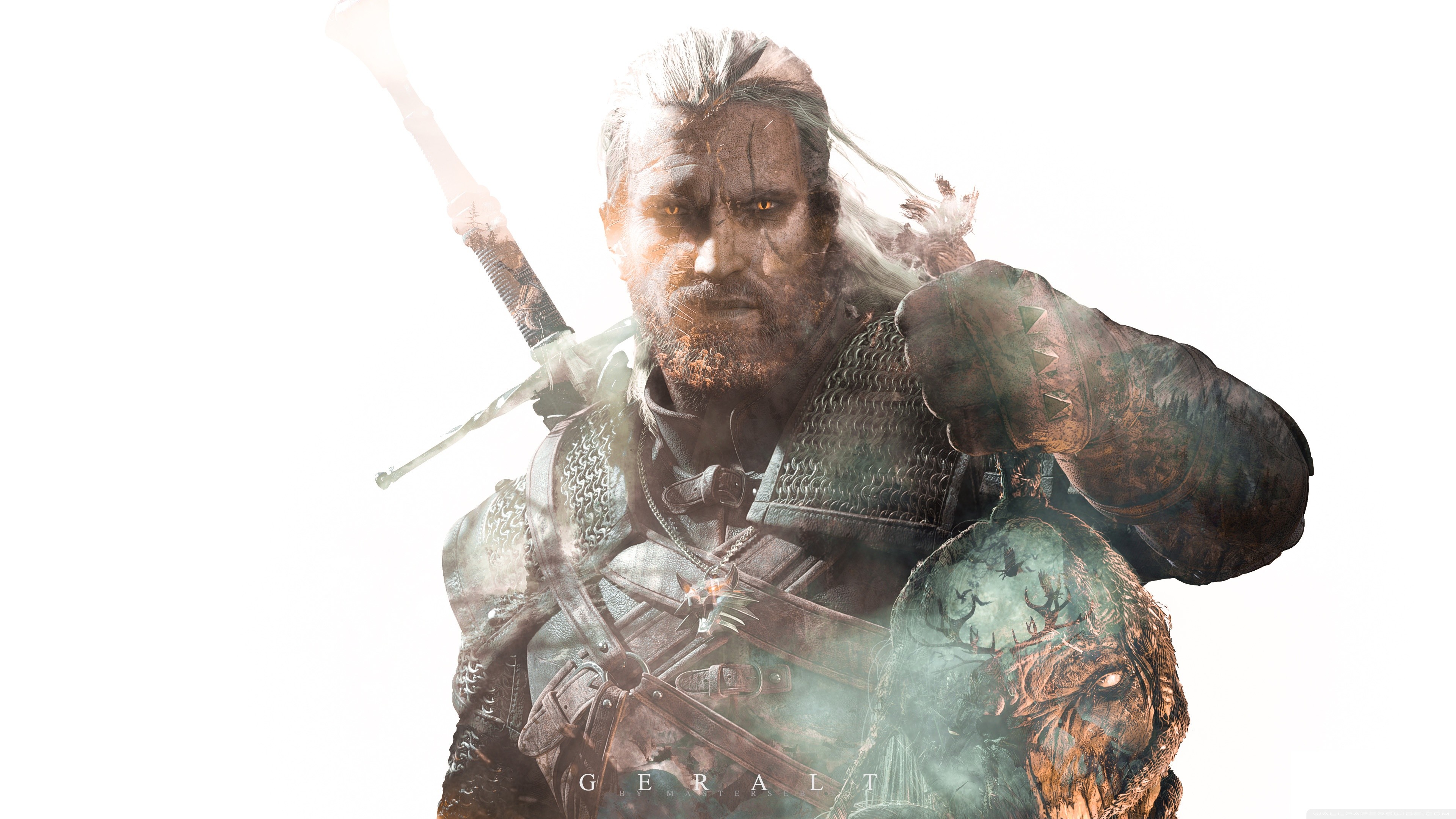 Geralt di Rivia, The Witcher 3: Wild Hunt, Doppia esposizione, Sfondo bianco, 4K UHD