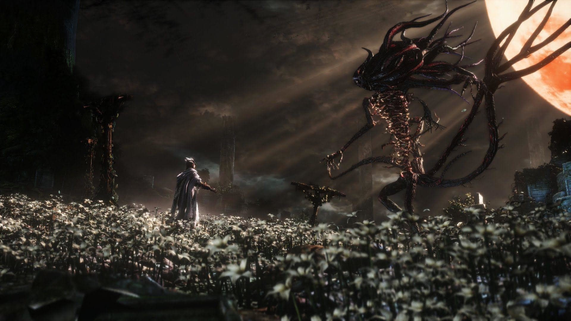 Bloodborne, Mostro, Campo di fiori, Luna rossa, Full HD, sfondo desktop