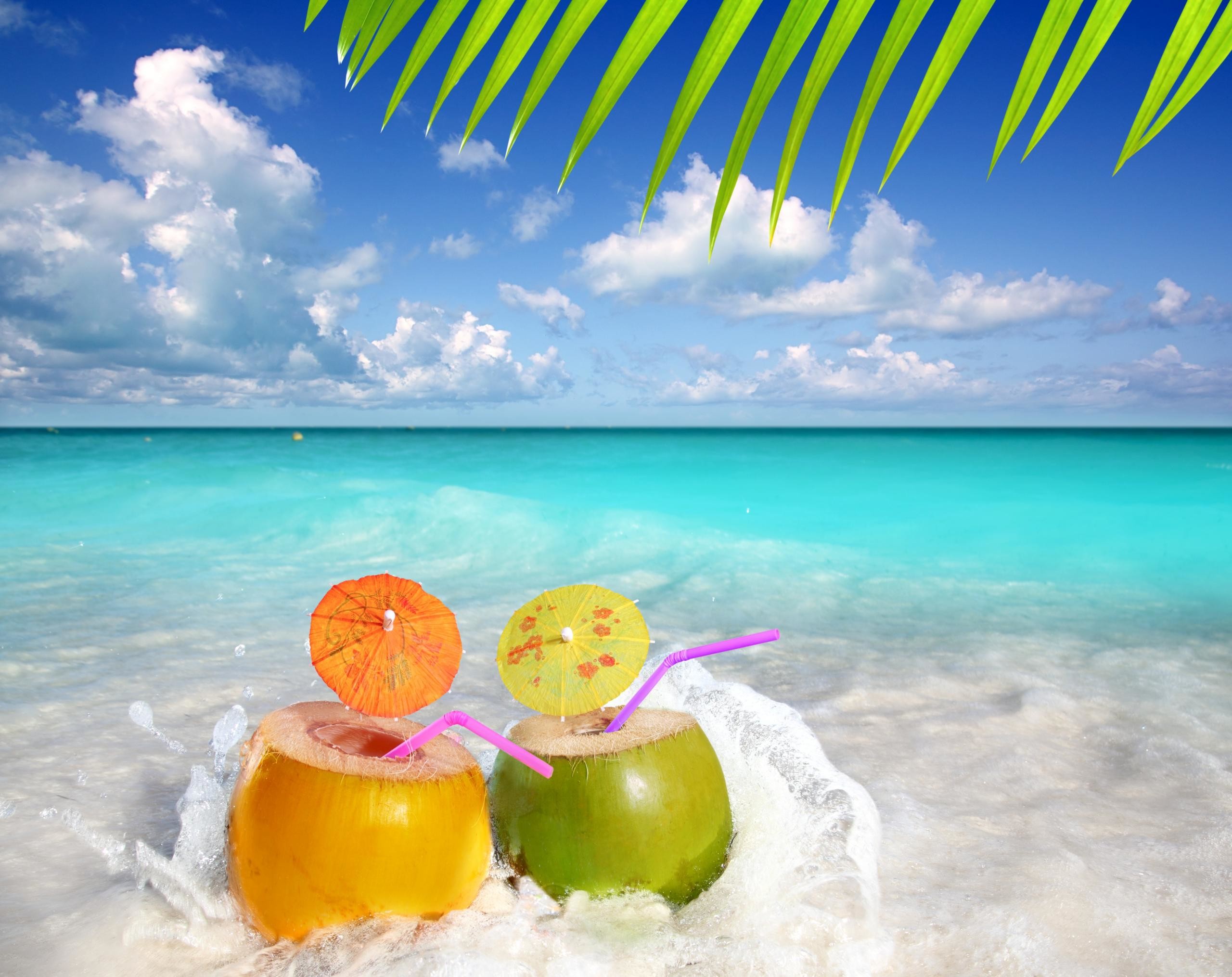 Noci di cocco, Cocktail, Mare, Spiaggia, 2K, sfondo per PC