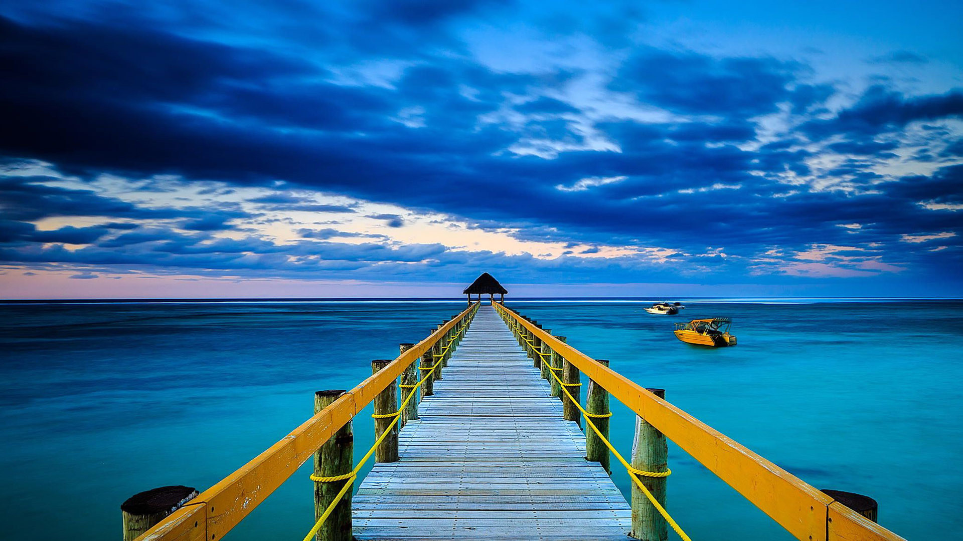 Pontile, Mare tropicale, Cielo blu, Barche, 1920x1080, wallpaper desktop