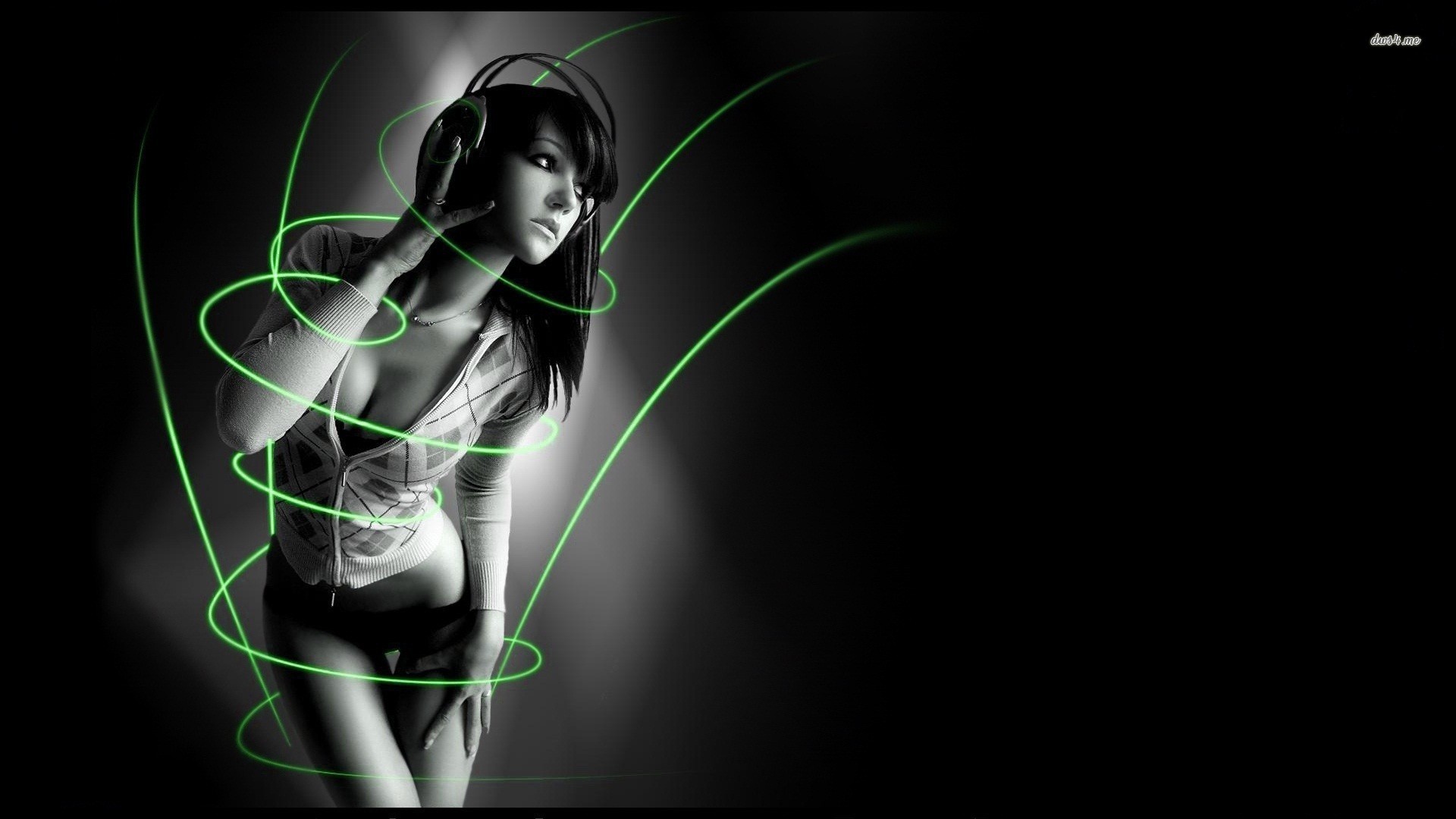 Ragazza con cuffie, Scie verdi, Bianco e nero, Full HD, sfondo per PC