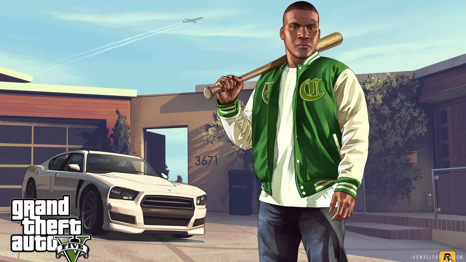 Grand Theft Auto V, Franklin Clinton, Mazza da baseball, Auto bianca, sfondo desktop Full HD
