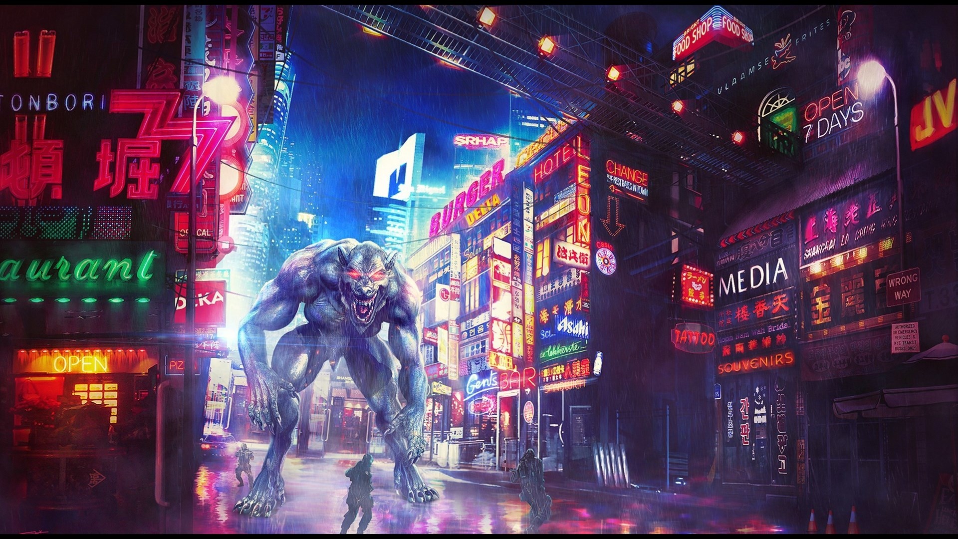 Lupo mannaro, Cyberpunk, Città, Neon, Notte, 16:9 Full HD, sfondo widescreen