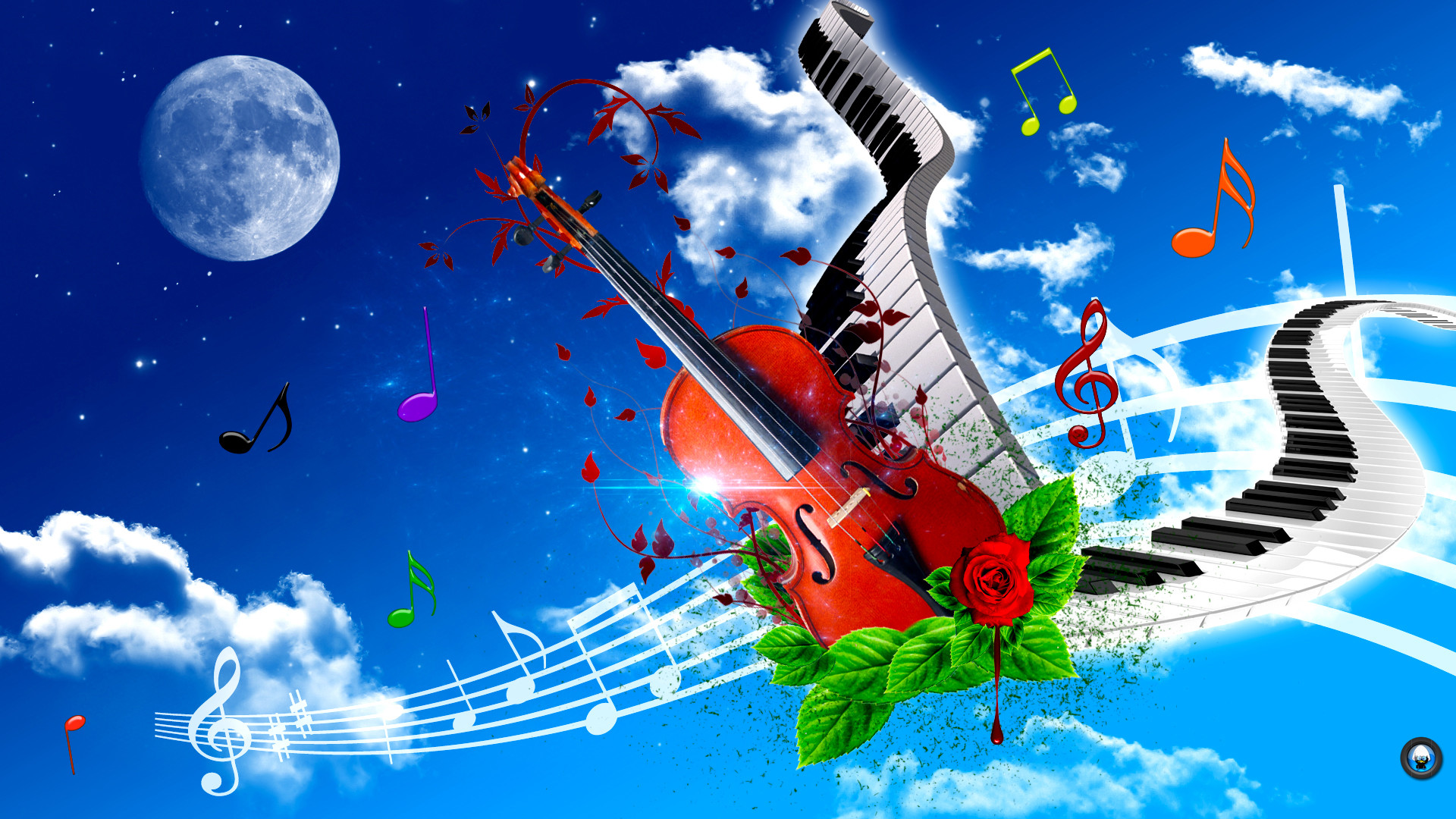 Violino, Pianoforte, Note musicali, Cielo, Luna, sfondo Full HD per desktop