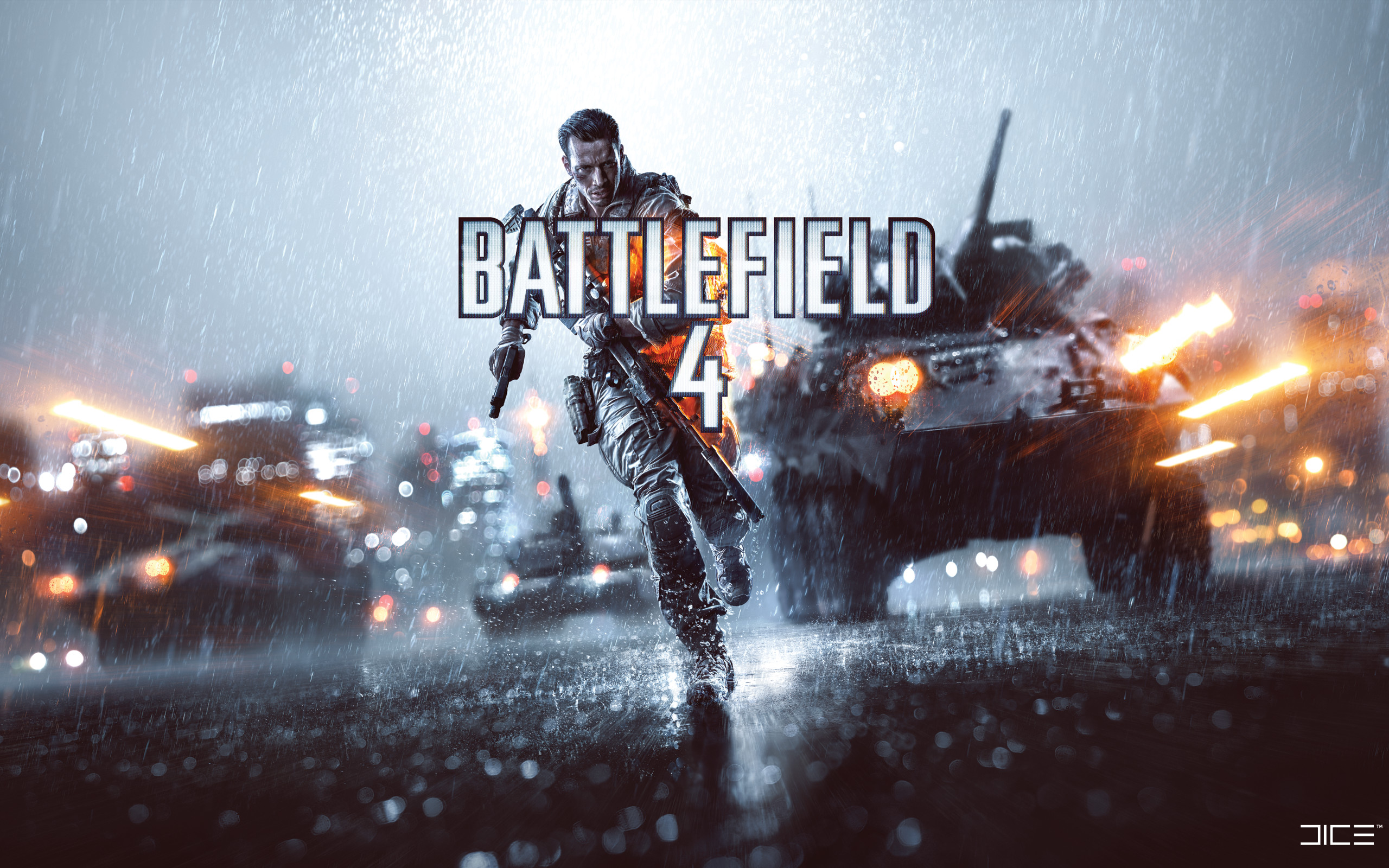 Battlefield 4, Logo, Soldato, Veicolo blindato, Pioggia, 2560x1600, sfondo MacBook Pro