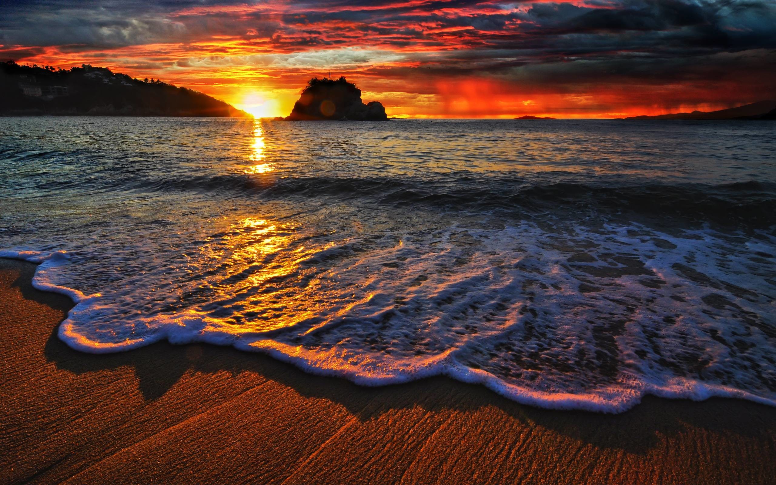 Spiaggia, Tramonto, Onde, Scoglio, 2K, sfondo per portatile