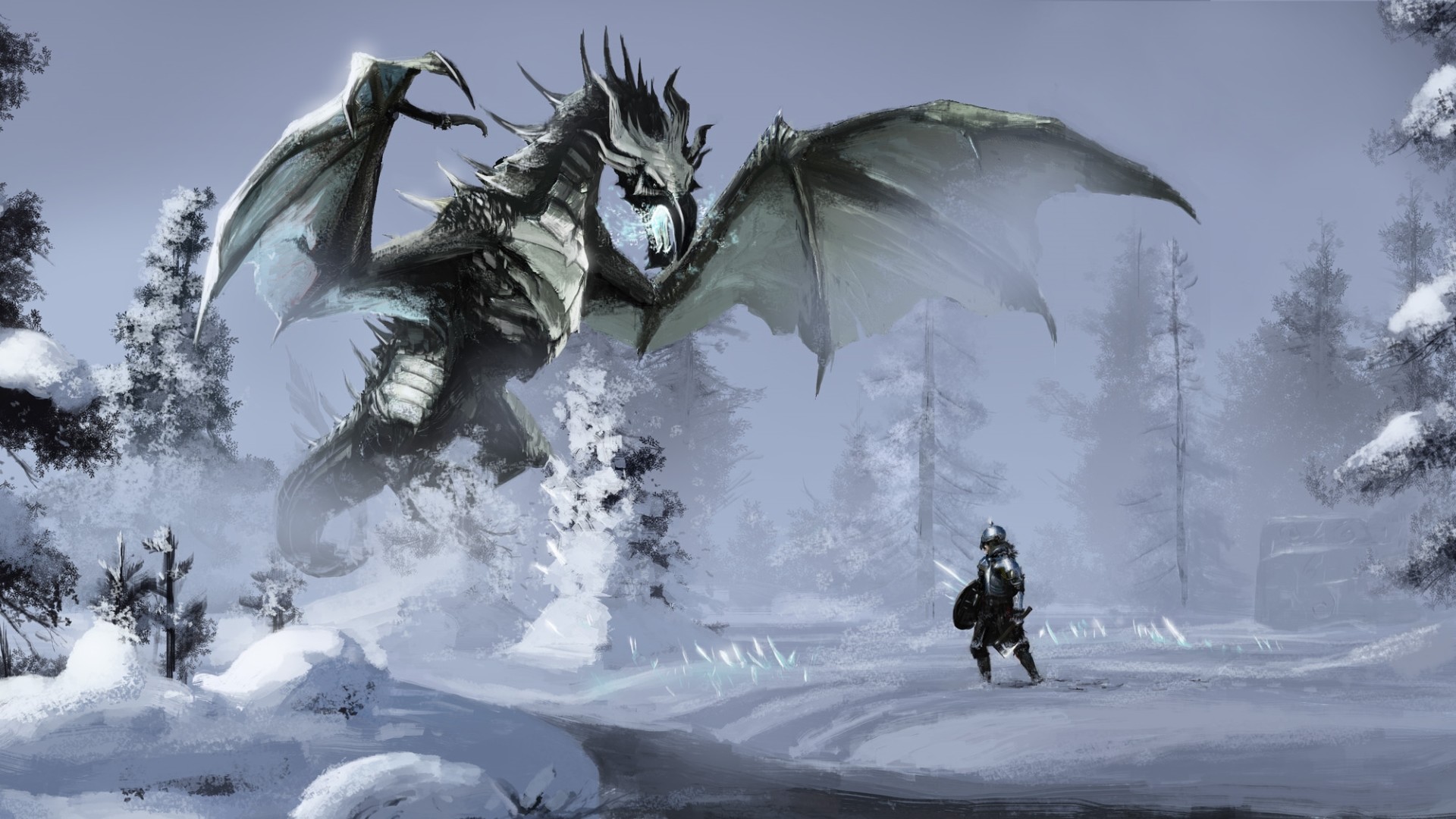 Drago, Guerriero, Neve, Inverno, Skyrim, 1920x1080, immagine di sfondo