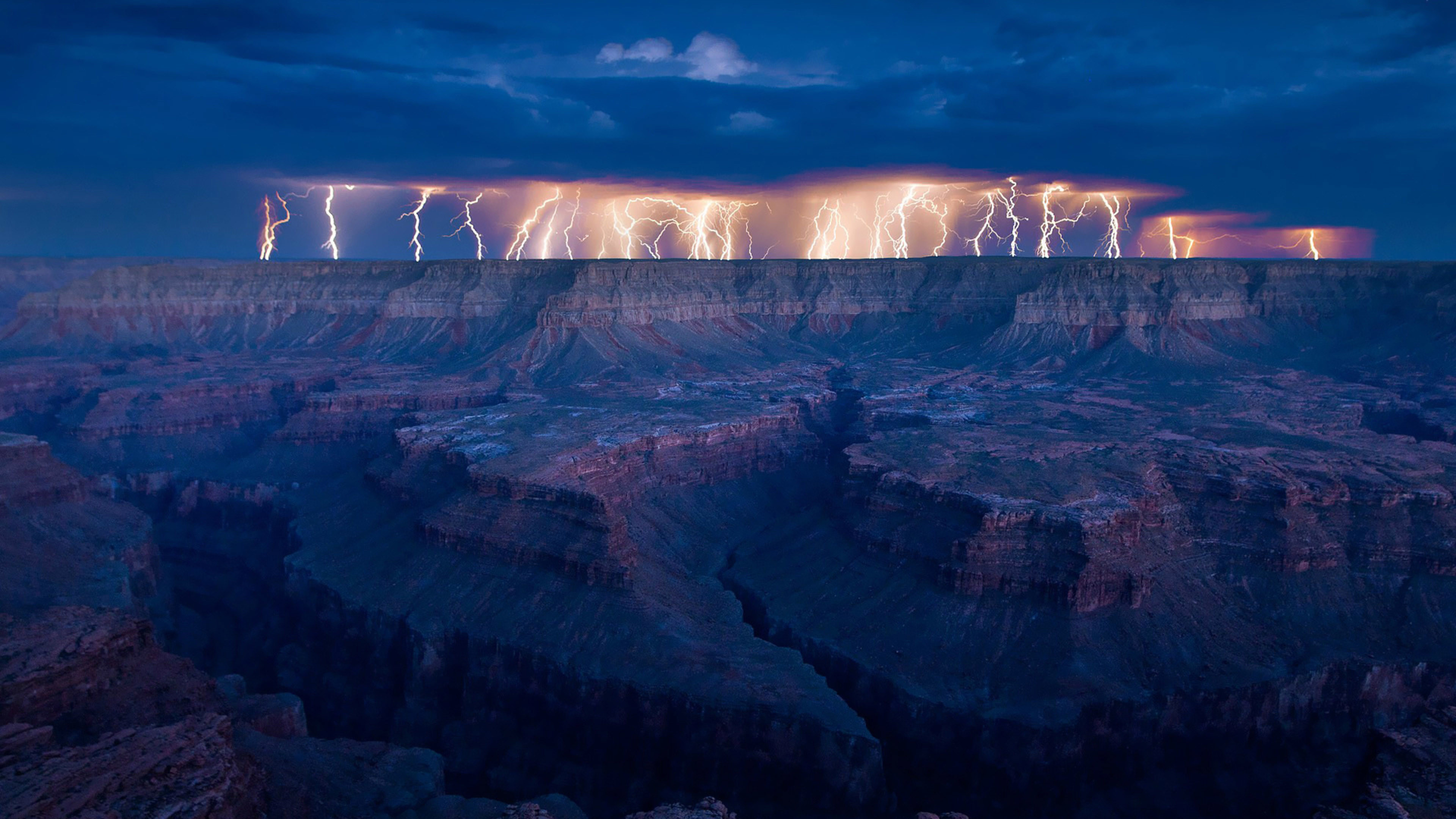 Grand Canyon, Fulmini, Temporale, Arizona, Notte, 4K, wallpaper per portatile