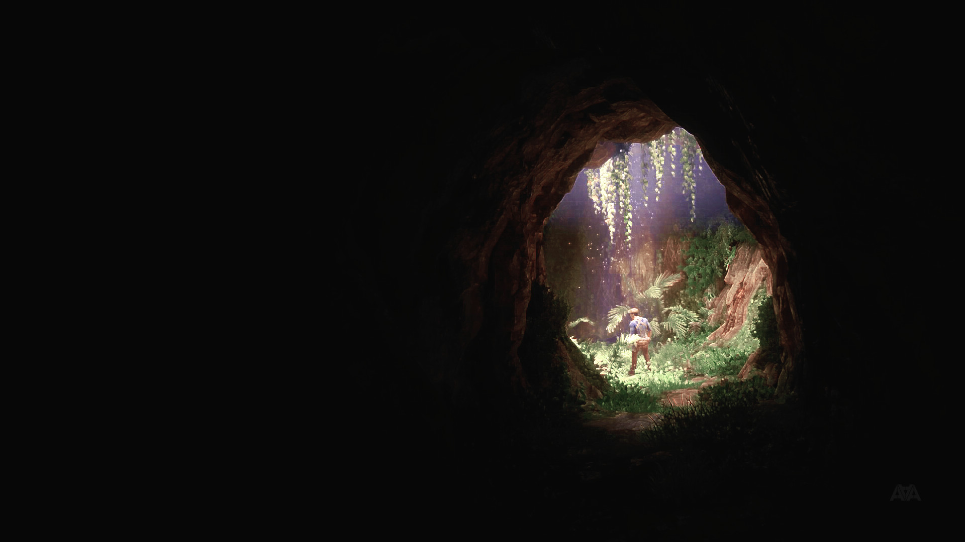 Uncharted 4, Grotta, Sfondo nero, Luce, Full HD, wallpaper desktop
