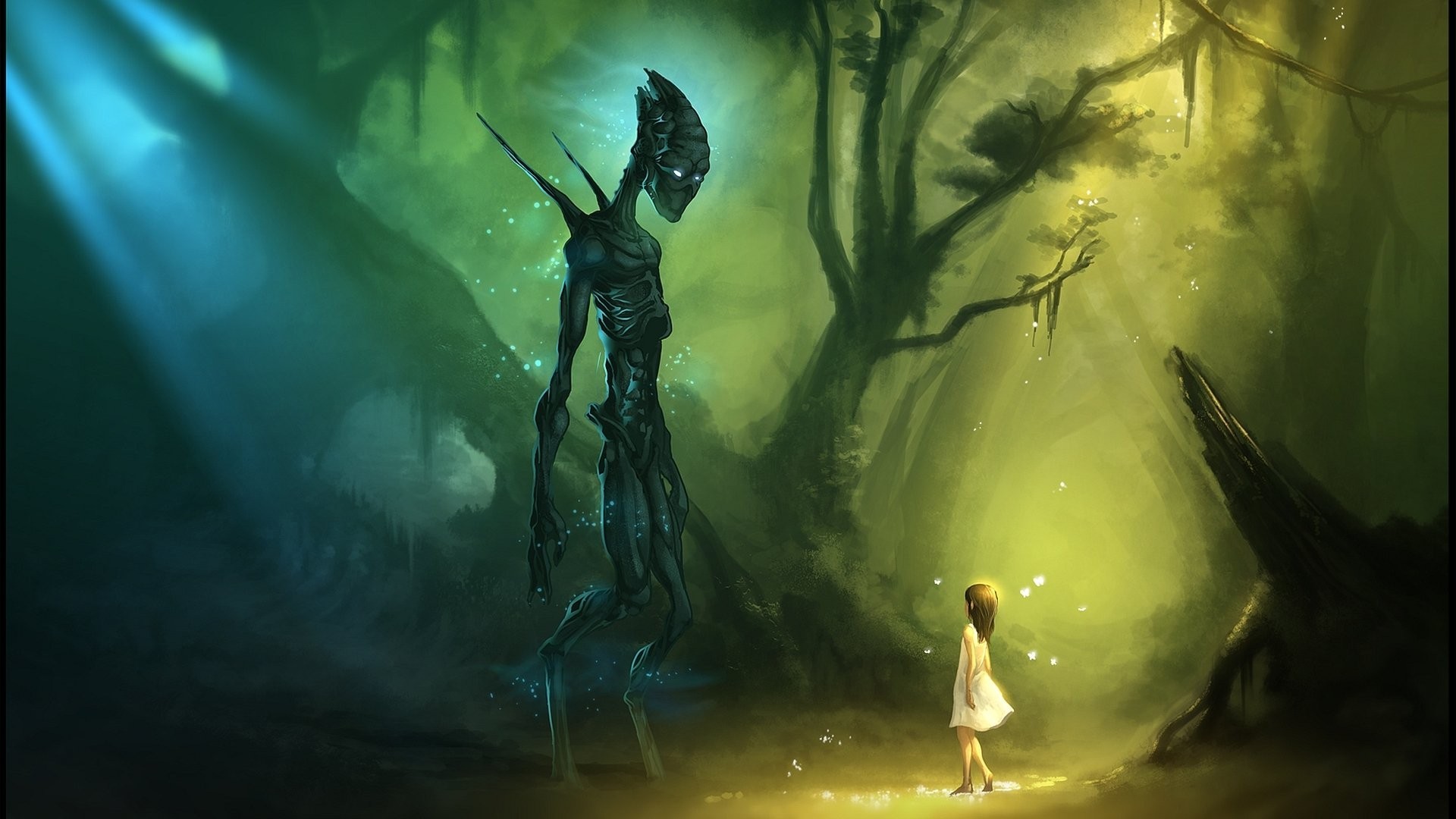 Alieno, Bambina, Foresta, Raggio di luce, Fantasy, Full HD, sfondo per PC e portatile