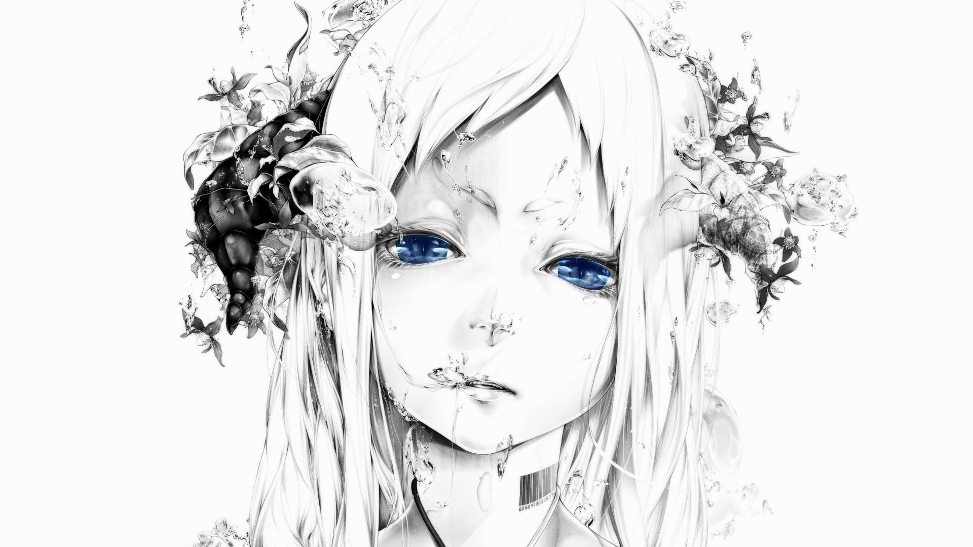 Anime, Ragazza, Occhi azzurri, Fiori, Bianco, Full HD 1080p, sfondo desktop