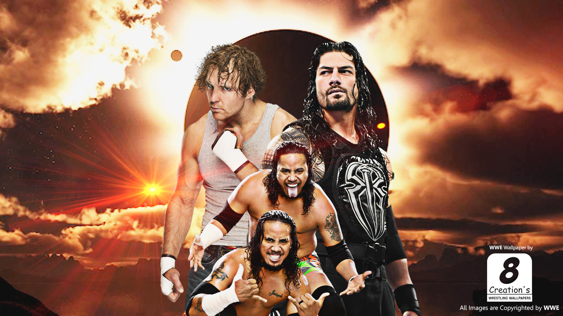 Roman Reigns, Dean Ambrose, The Usos, WWE, Tramonto, Full HD, sfondo Windows 11