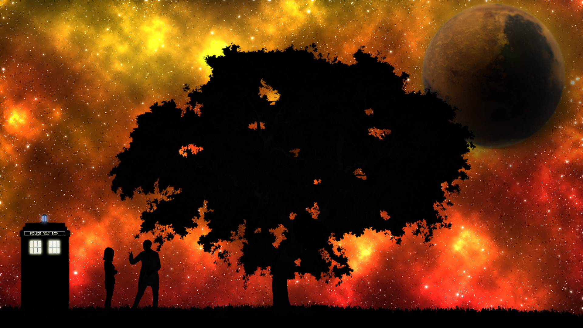TARDIS, Doctor Who, Albero, Silhouette, Nebulosa, Pianeta, Full HD, sfondo Windows 11