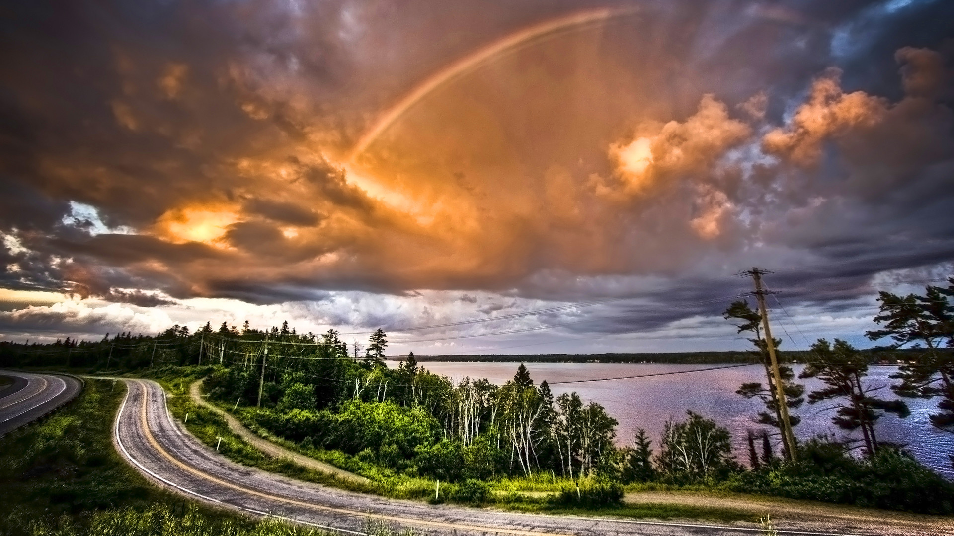 Arcobaleno, Strada, Nuvole, Lago, 1920x1080, wallpaper desktop