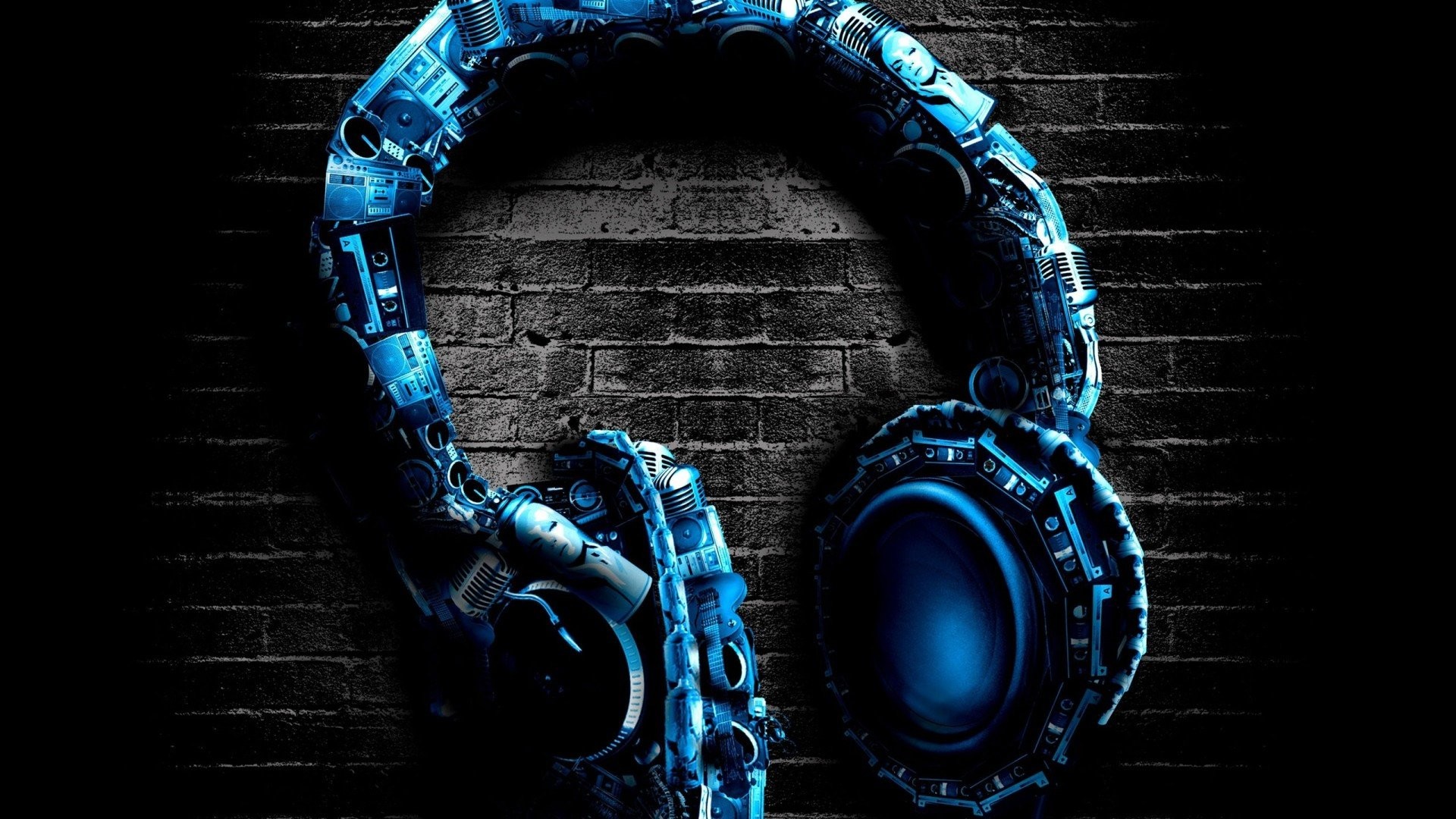 Cuffie, Musica, Blu, Muro di mattoni, Full HD, sfondo Windows 11