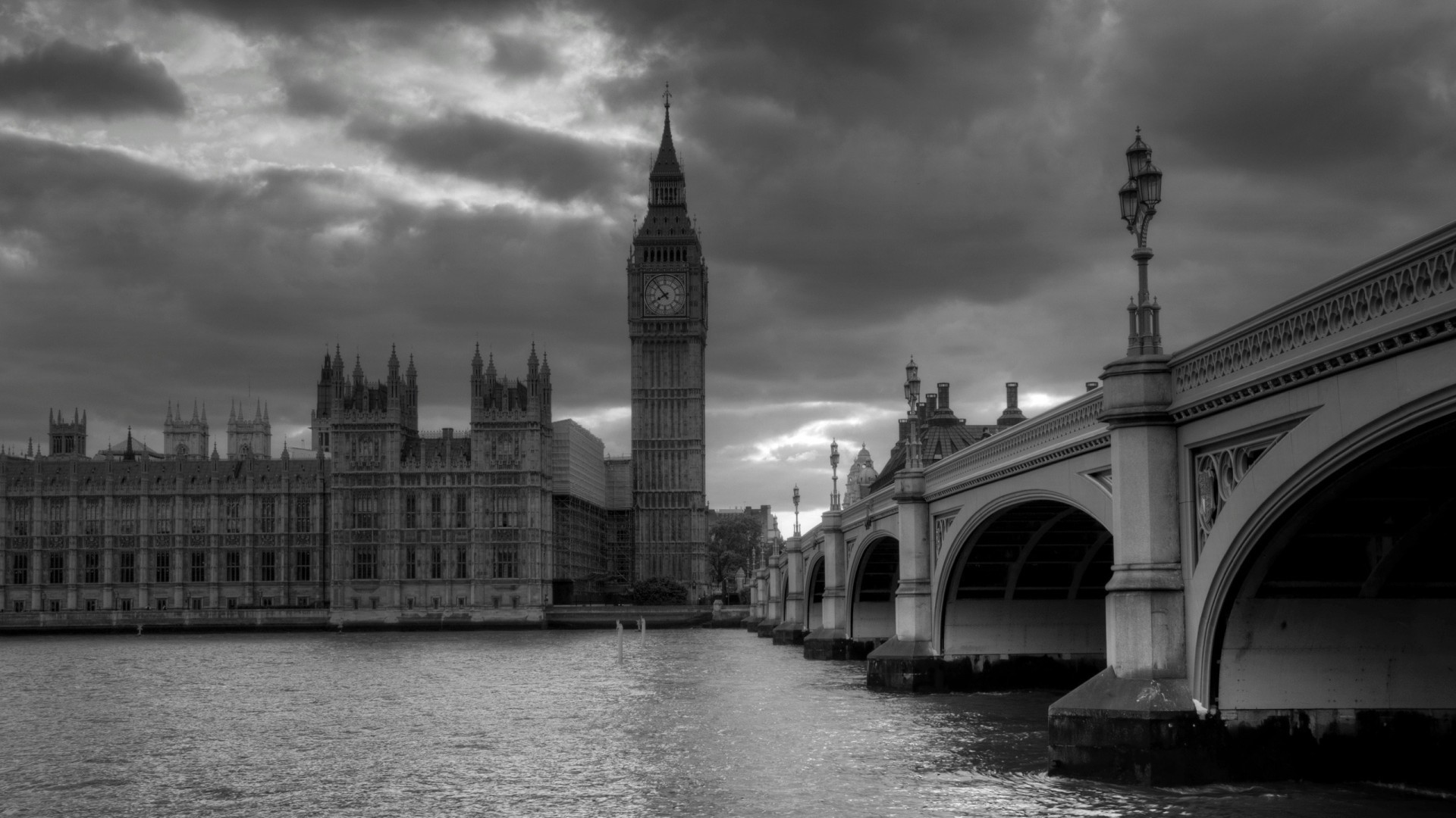 Big Ben, Ponte di Westminster, Palazzo di Westminster, Londra, Bianco e nero, sfondo 1080p