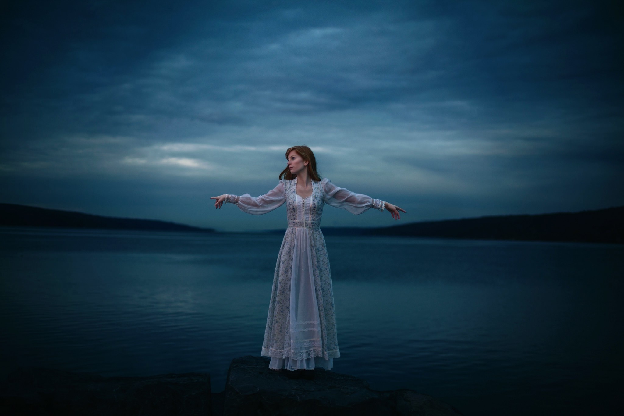 Ballerina, Lago, Abito bianco, Crepuscolo, Full HD, sfondo desktop