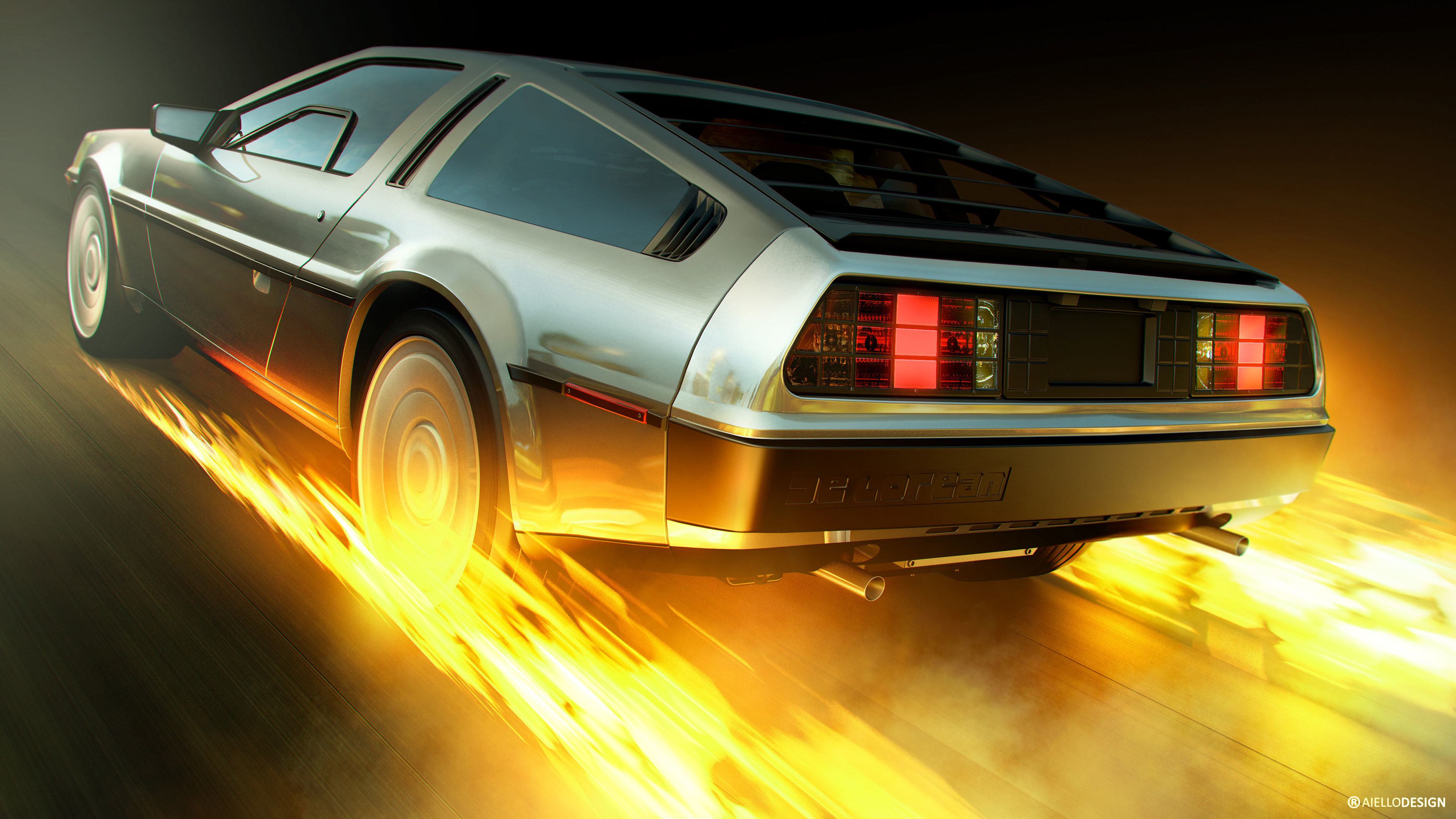 DeLorean DMC-12, Ritorno al futuro, Scie di fuoco, Illustrazione, sfondo desktop 4K