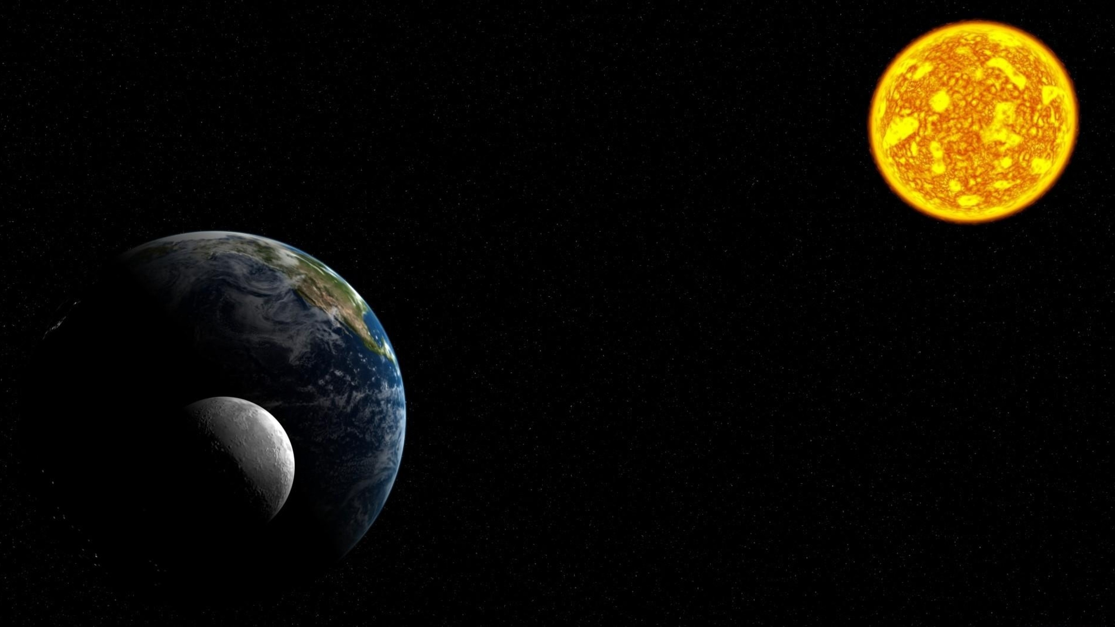 Terra, Luna, Sole, Spazio, Sfondo nero, 4K, wallpaper desktop