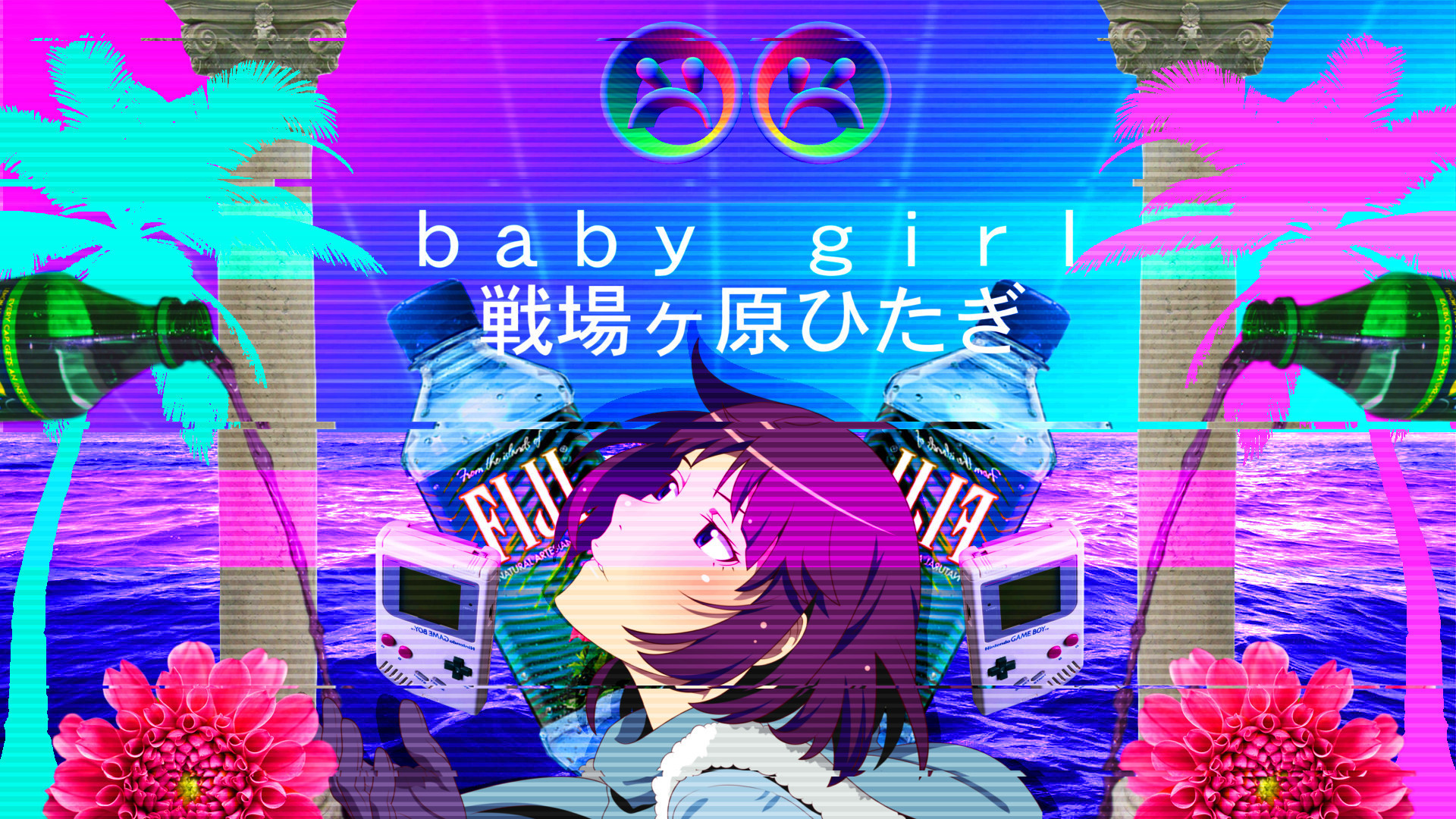 Vaporwave, Hitagi Senjougahara, Monogatari, Game Boy, Palme, Full HD, sfondo desktop