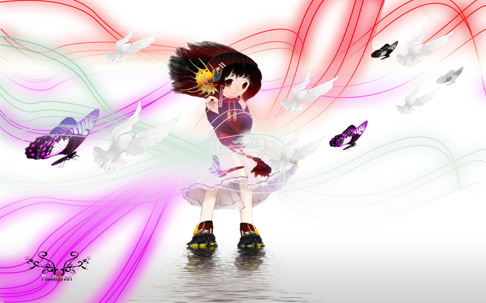 Farfalle, Ragazza anime, Arte digitale, Rosa, 1920x1200, immagine di sfondo