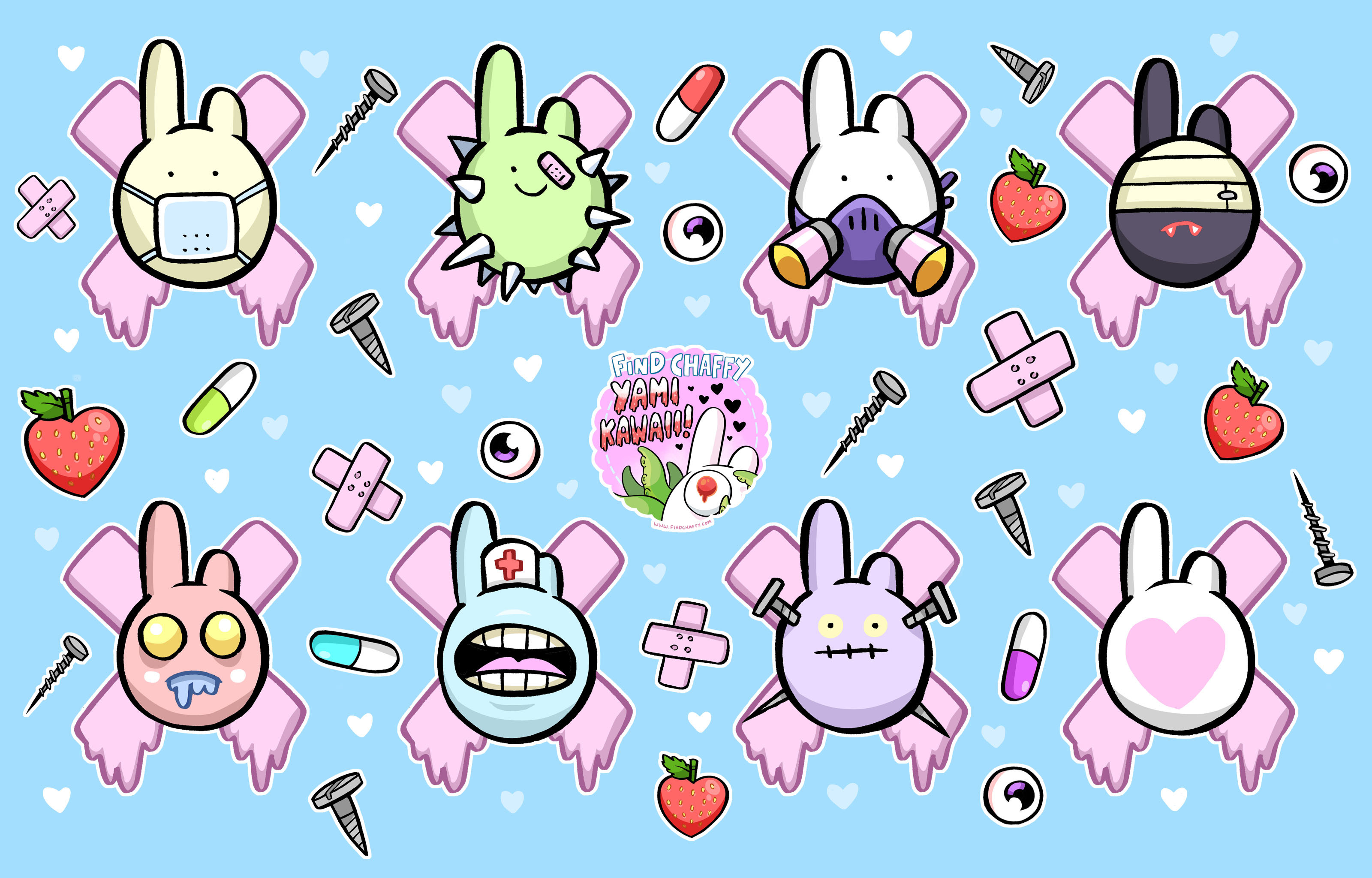 Menhera, Coniglietti, Pillole, Kawaii, 2K, sfondo per PC e portatile