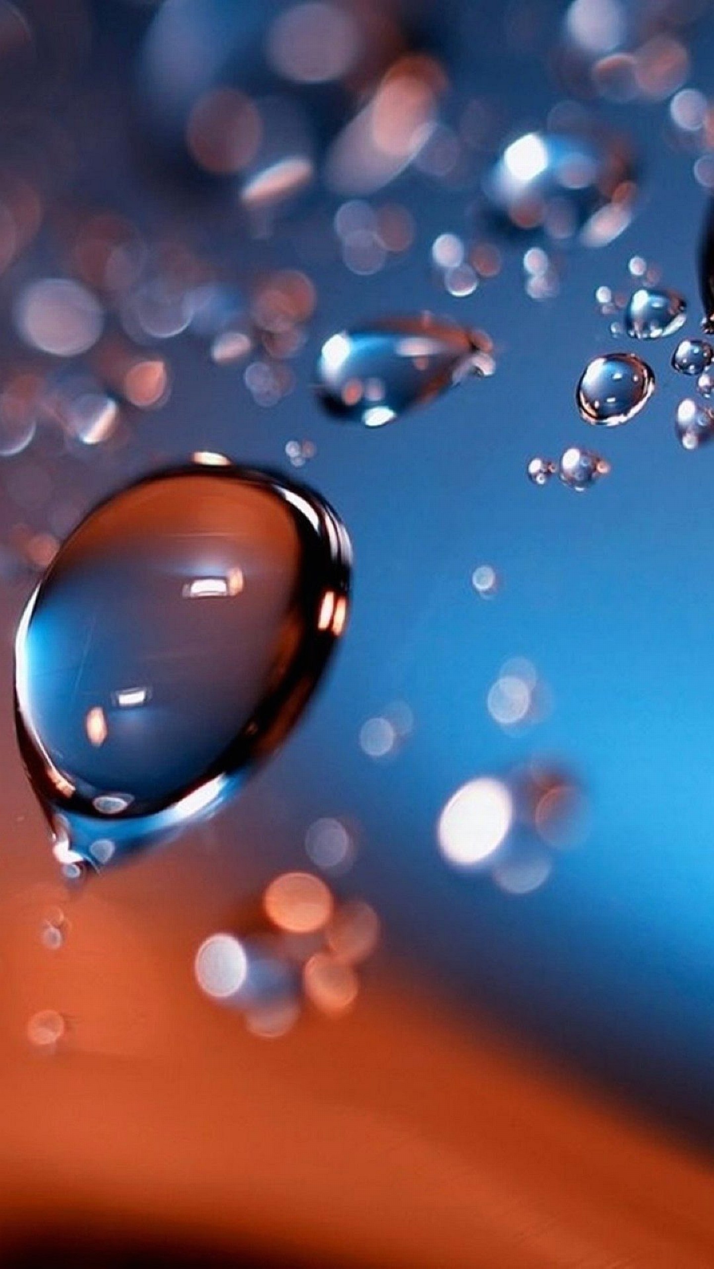 Gocce d'acqua, Macro, Bokeh, Blu, Arancione, sfondo per iPhone e Android
