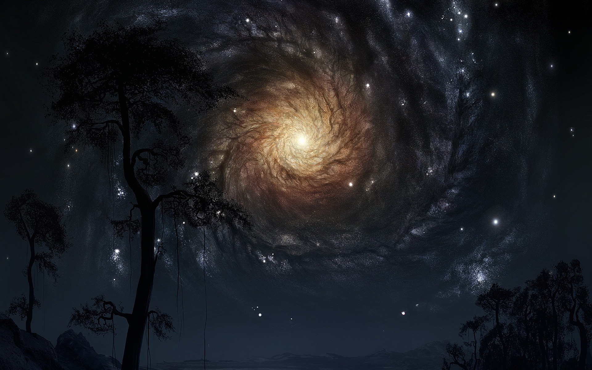 Galassia a spirale, Albero, Silhouette, Notte, 1920x1200, sfondo MacBook Pro