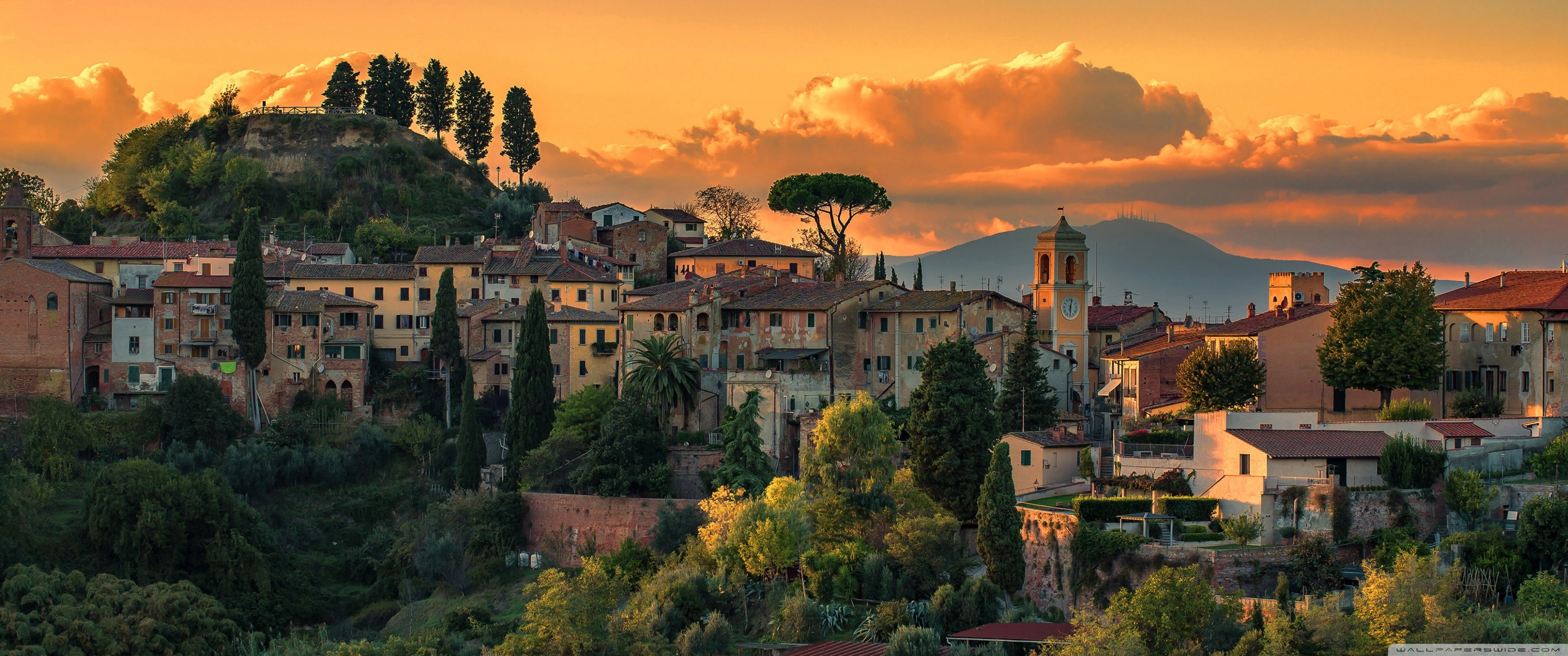 Borgo toscano, Toscana, Tramonto, Pini, 21:9 2K, sfondo widescreen